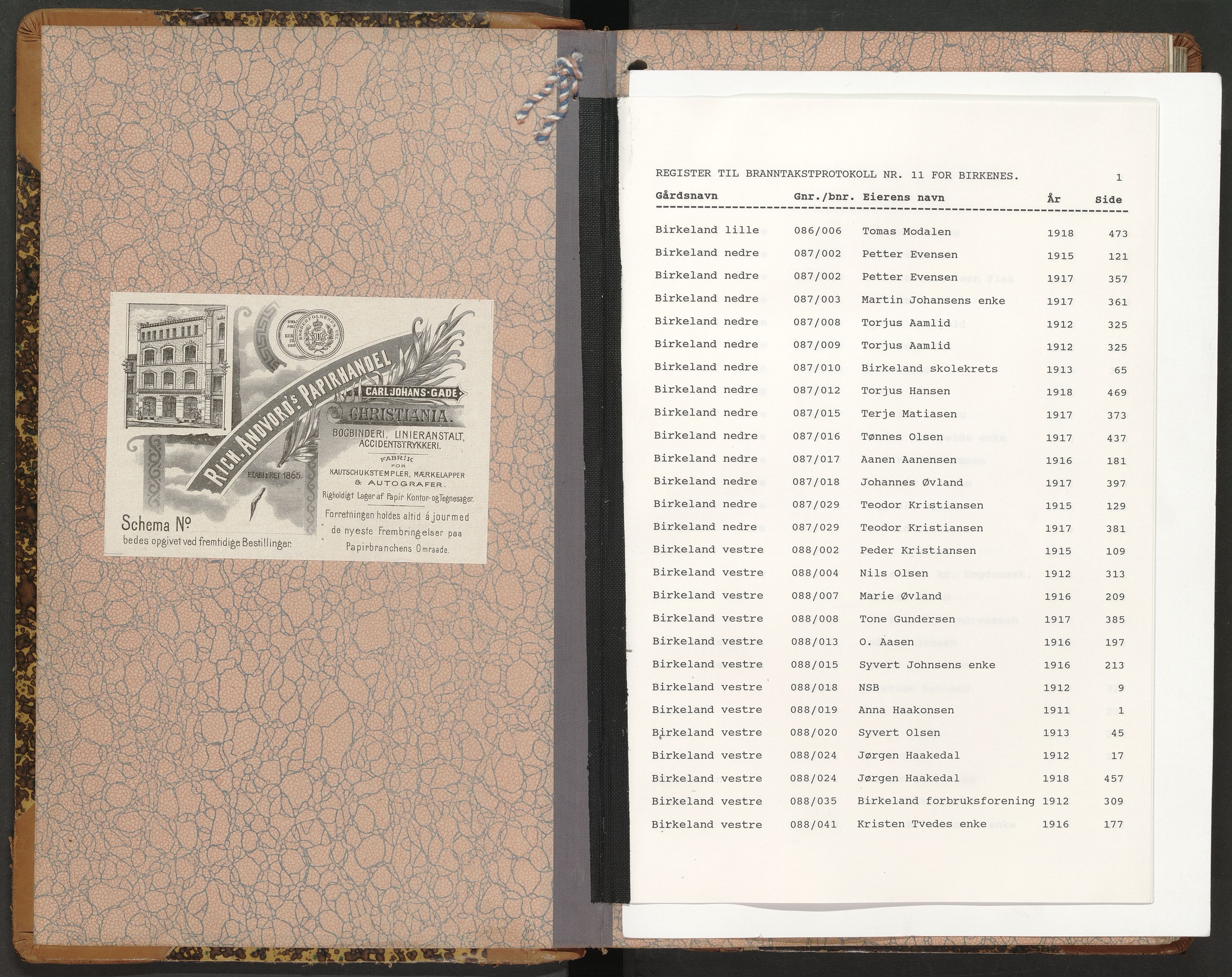 Norges Brannkasse Birkenes, AV/SAK-2241-0005/F/Fa/L0011: Branntakstprotokoll nr. 11 med gårdsnavnregister, 1911-1918