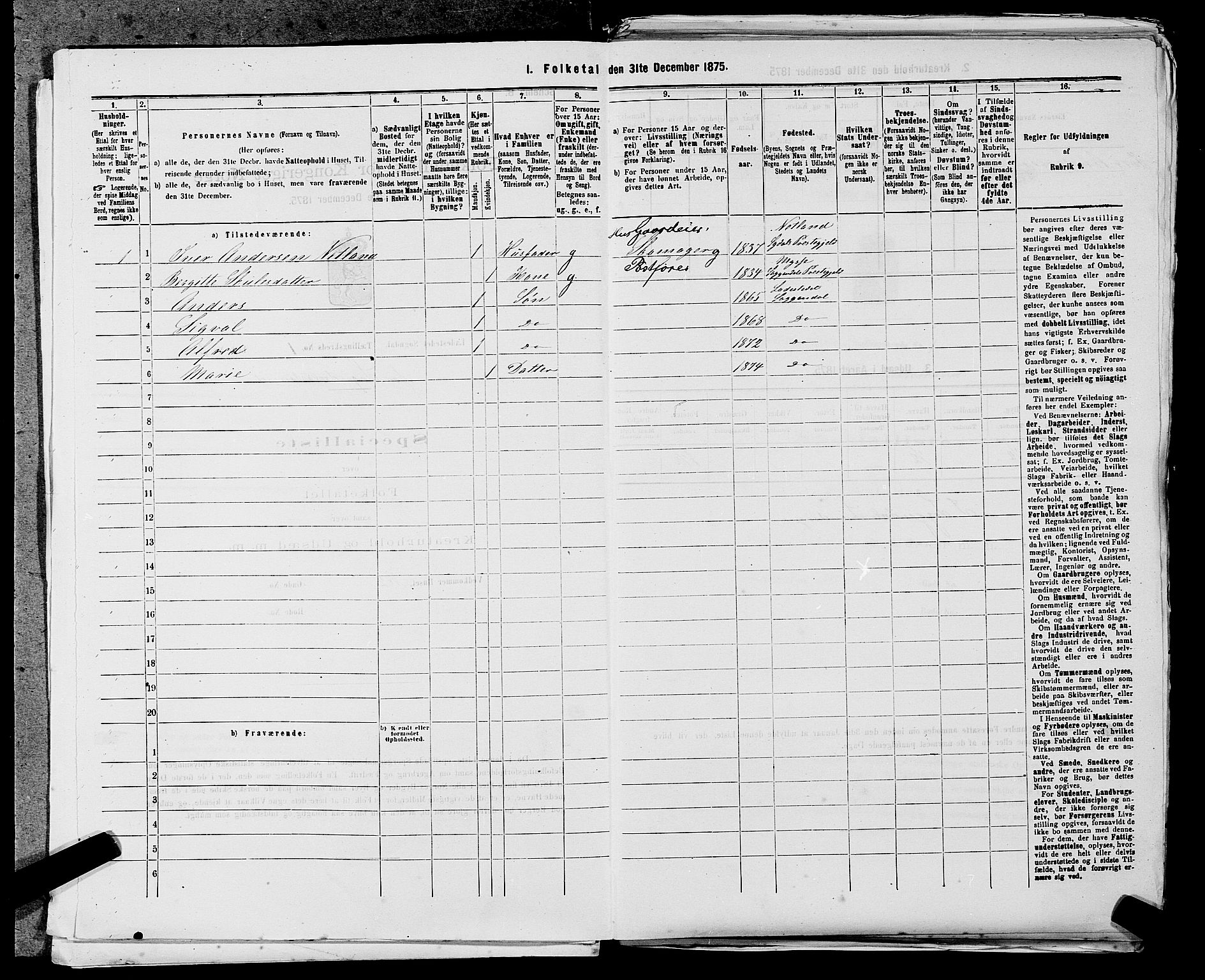 SAST, Folketelling 1875 for 1107B Sokndal prestegjeld, Sokndal ladested, 1875, s. 6