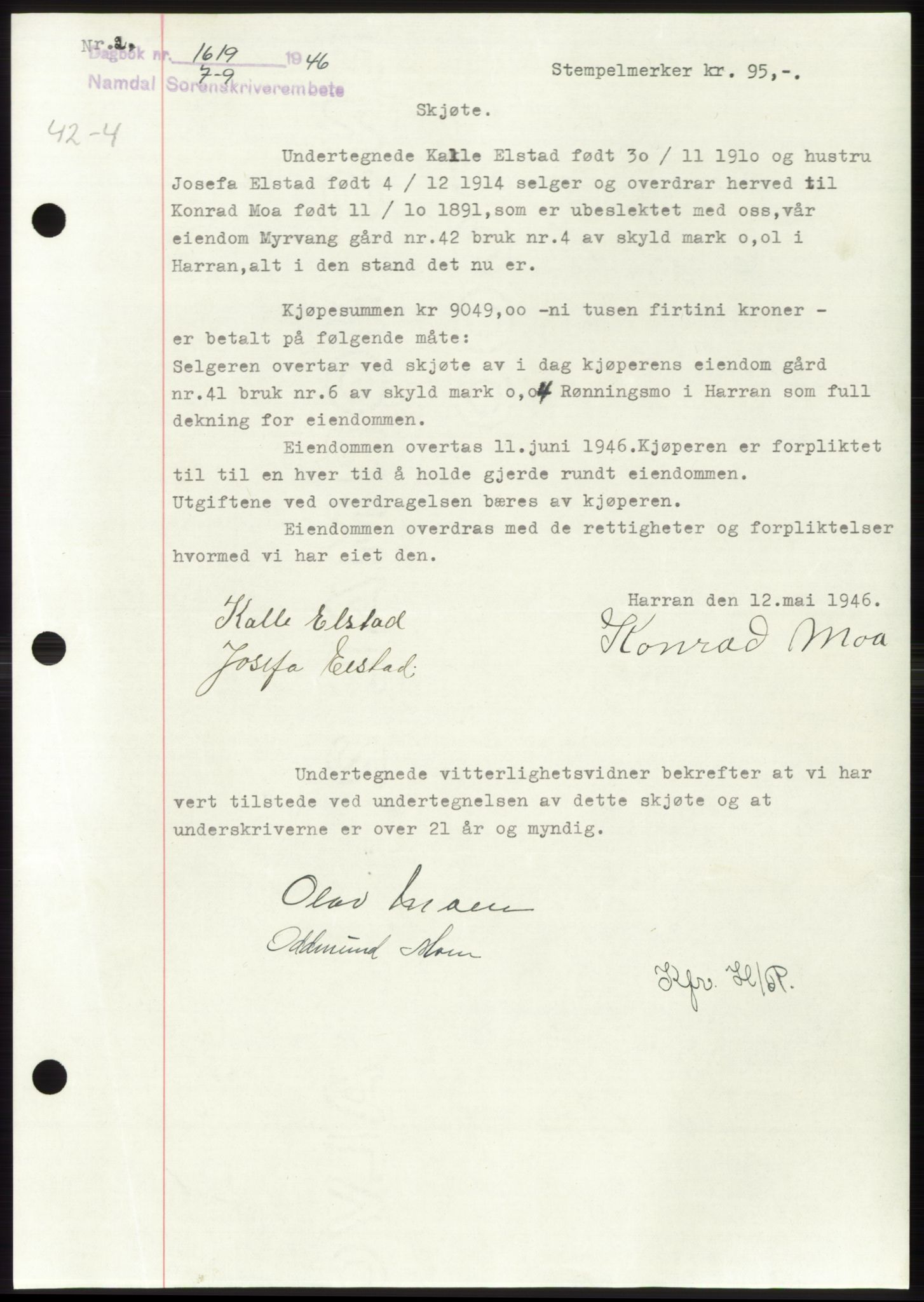 Namdal sorenskriveri, SAT/A-4133/1/2/2C: Pantebok nr. -, 1946-1947, Dagboknr: 1619/1946