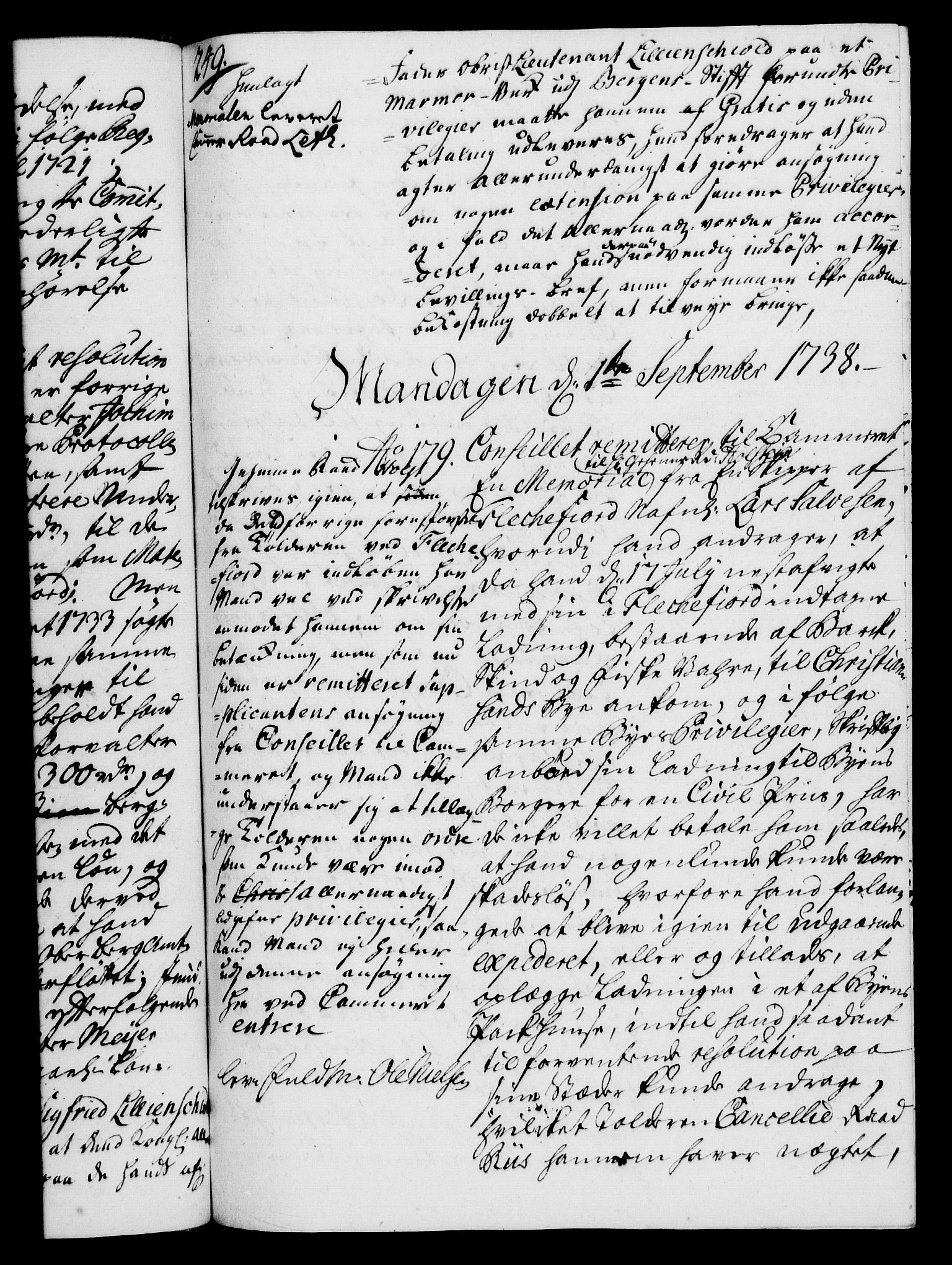 Rentekammeret, Kammerkanselliet, RA/EA-3111/G/Gh/Gha/L0020: Norsk ekstraktmemorialprotokoll (merket RK 53.65), 1738-1739, s. 249