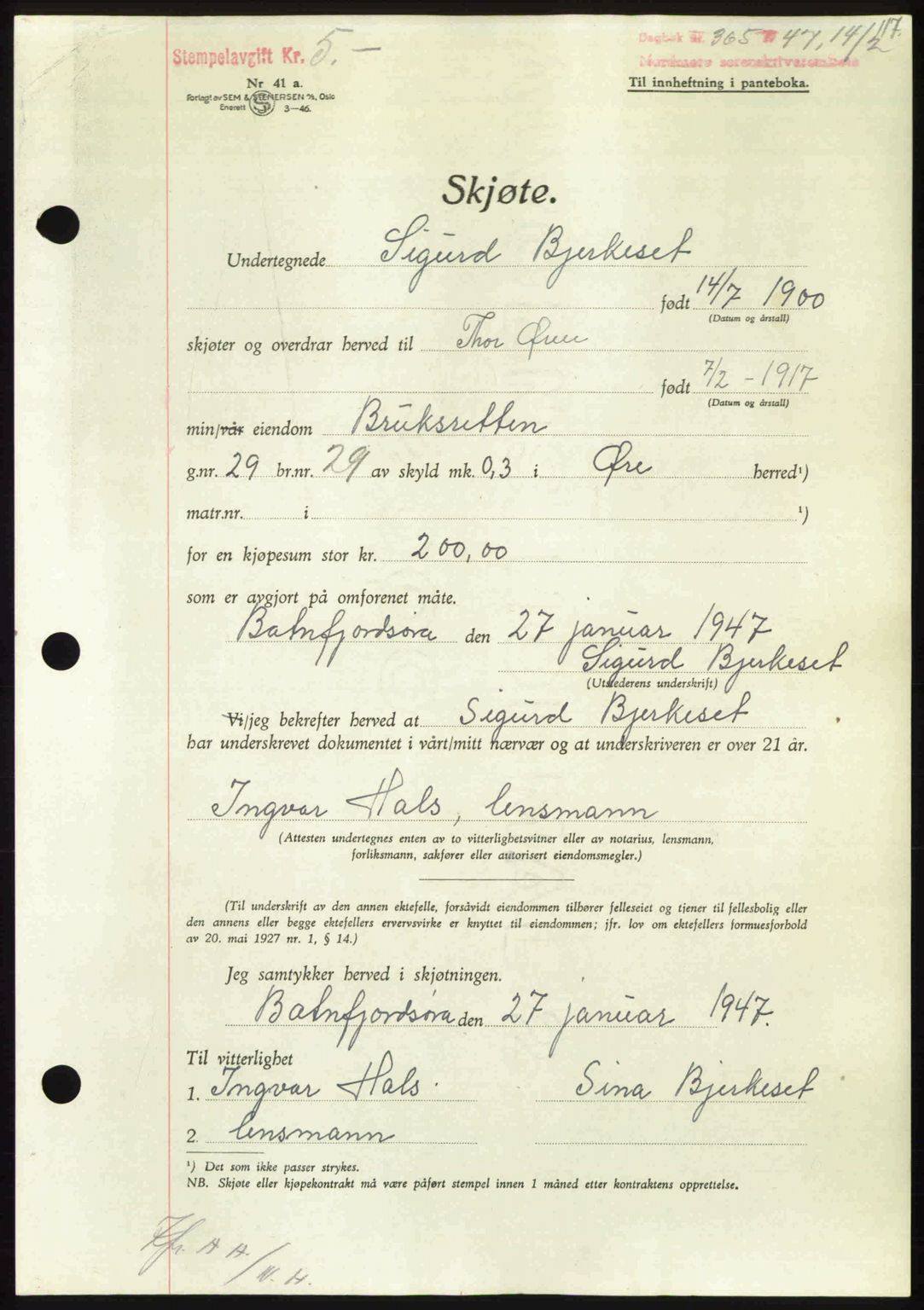 Nordmøre sorenskriveri, SAT/A-4132/1/2/2Ca: Pantebok nr. A104, 1947-1947, Dagboknr: 365/1947