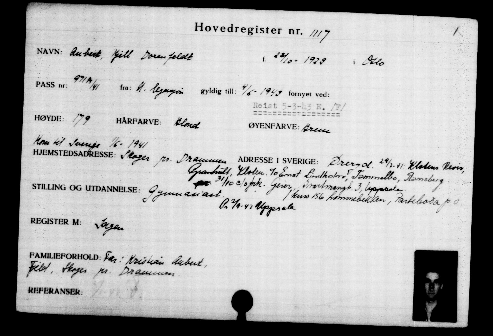 Utenriksstasjonene, Legasjonen i Stockholm, Flyktningkontoret, AV/RA-S-6753/V/Va/L0002: Kjesäterkartoteket, flyktninger med registreringsnr. 1001-2000, 1940-1945, s. 191