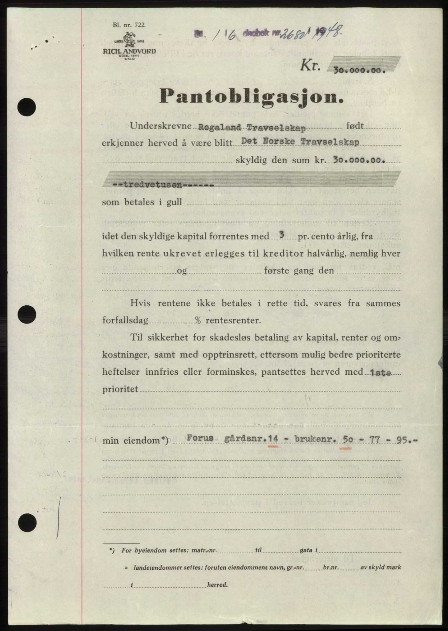 Jæren sorenskriveri, SAST/A-100310/03/G/Gba/L0099: Pantebok, 1948-1948, Dagboknr: 2680/1948