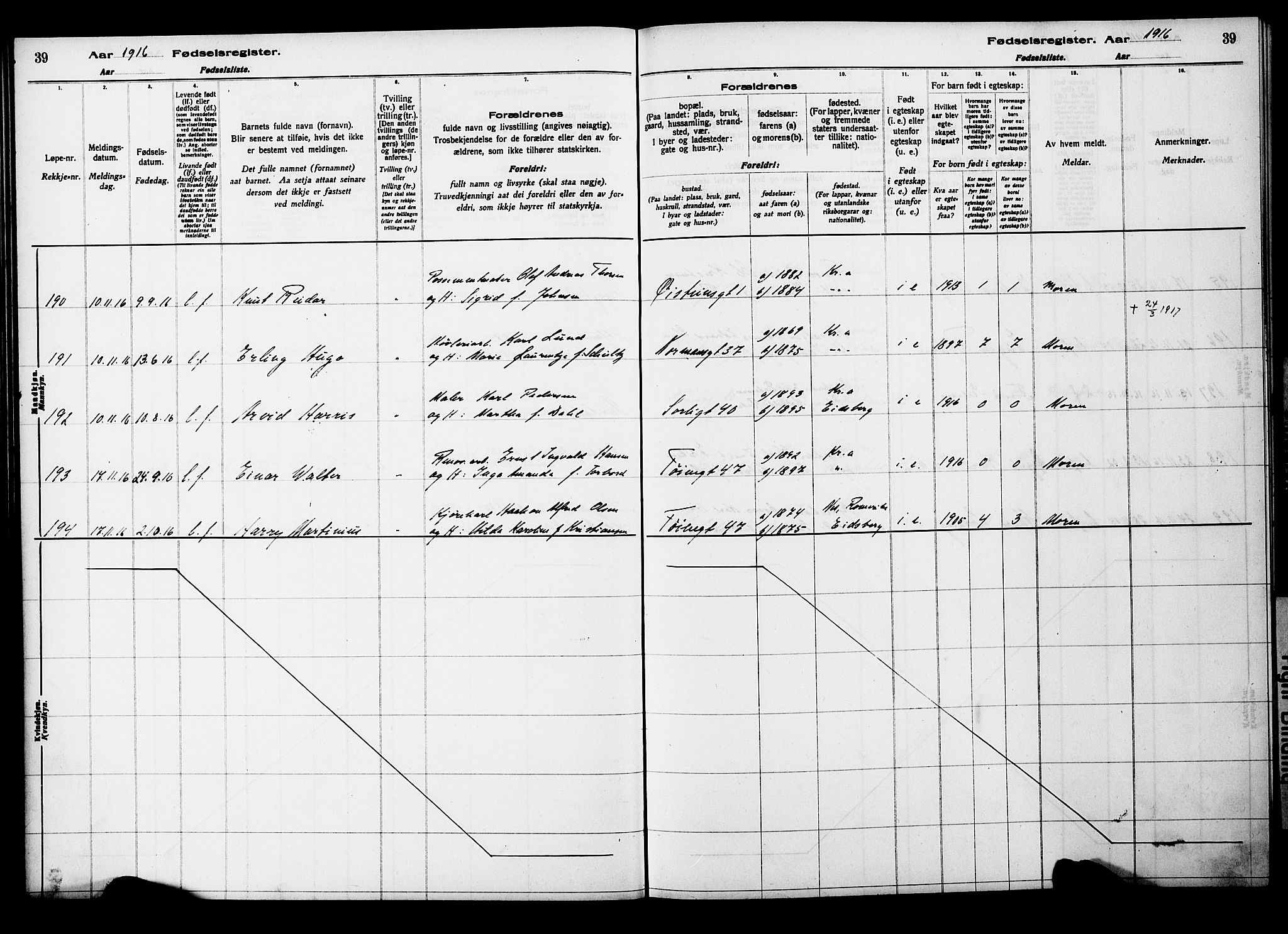 Kampen prestekontor Kirkebøker, AV/SAO-A-10853/J/Ja/L0001: Fødselsregister nr. 1, 1916-1920, s. 39