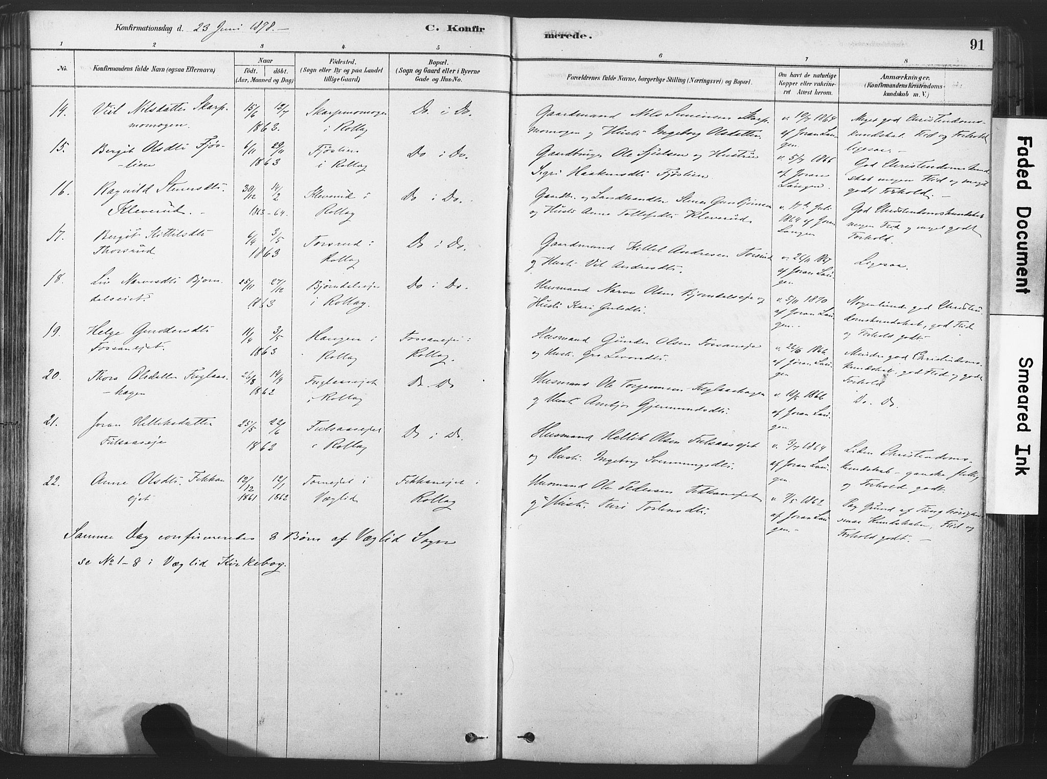 Rollag kirkebøker, AV/SAKO-A-240/F/Fa/L0011: Ministerialbok nr. I 11, 1878-1902, s. 91