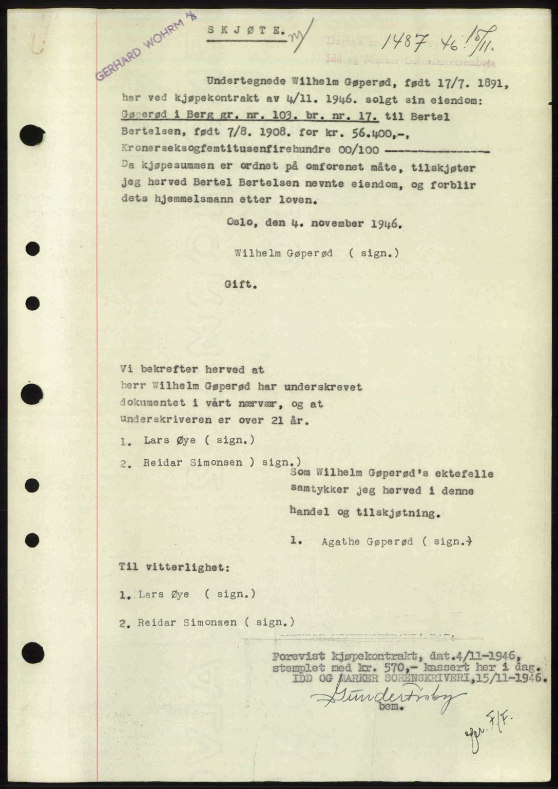 Idd og Marker sorenskriveri, SAO/A-10283/G/Gb/Gbb/L0008: Pantebok nr. A8, 1946-1946, Dagboknr: 1487/1946