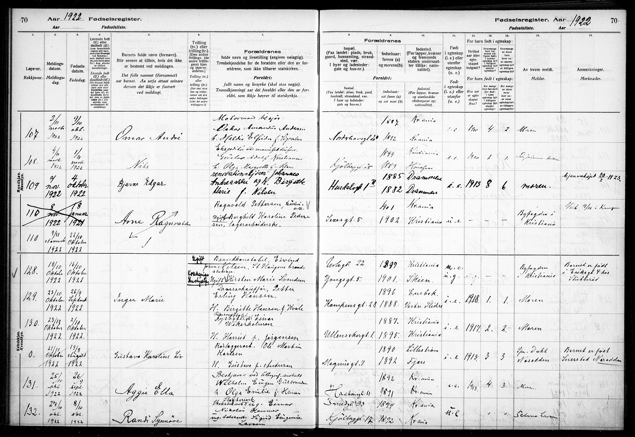 Kampen prestekontor Kirkebøker, AV/SAO-A-10853/J/Ja/L0002: Fødselsregister nr. 2, 1920-1935, s. 70
