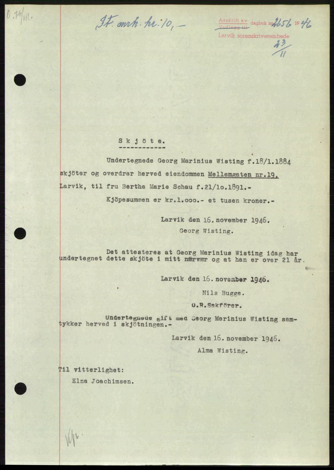 Larvik sorenskriveri, SAKO/A-83/G/Ga/Gab/L0083: Pantebok nr. A-17, 1946-1947, Dagboknr: 2656/1946