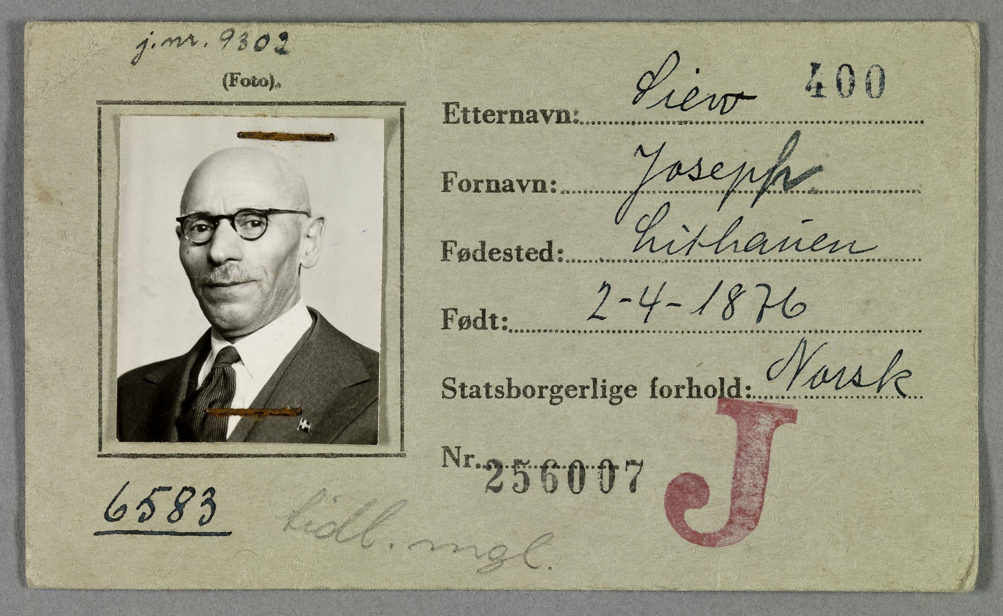 Sosialdepartementet, Våre Falne, AV/RA-S-1708/E/Ee/L0021A: Fotografier av jøder på legitimasjonskort (1941-42), 1941-1942, s. 315