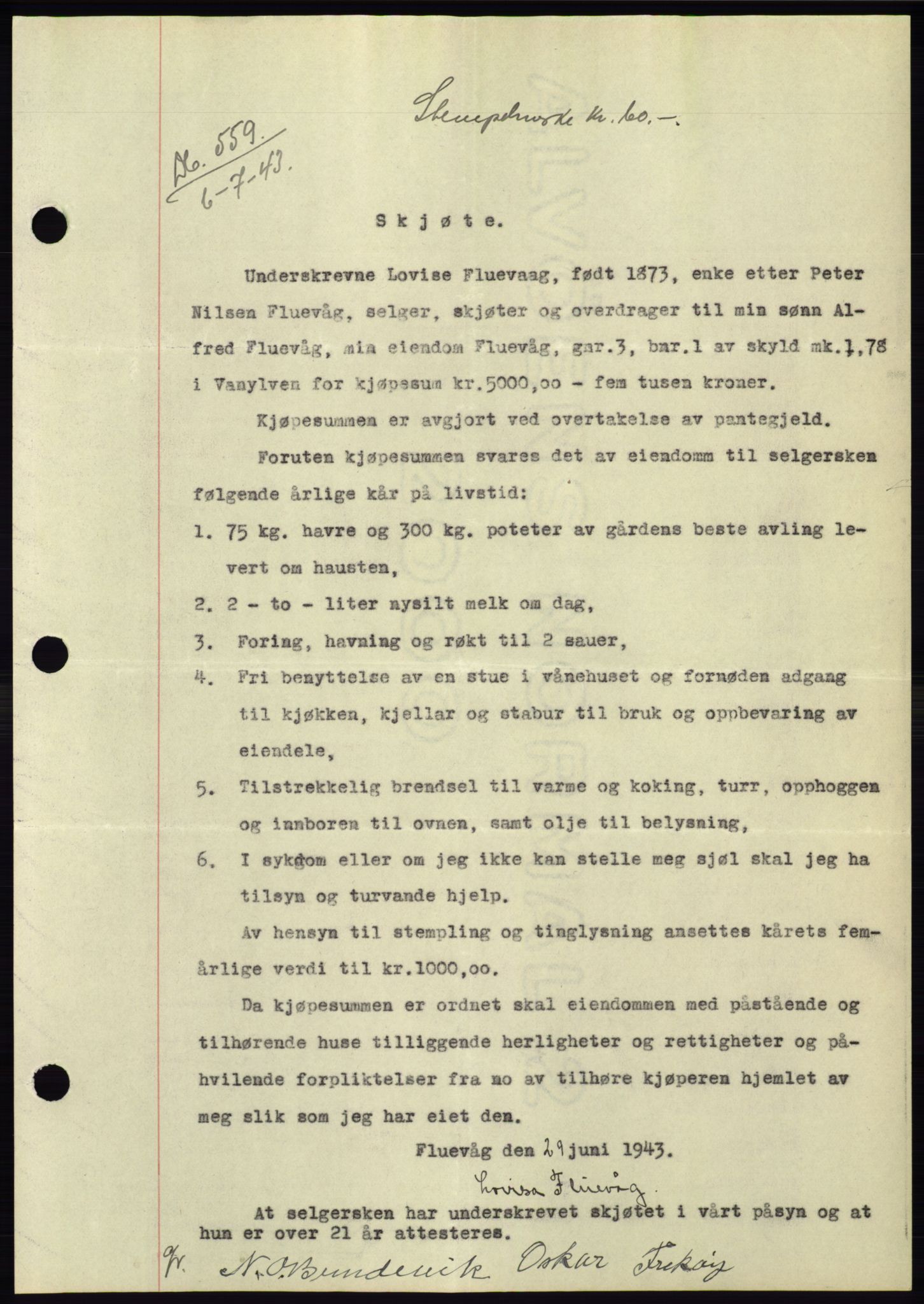 Søre Sunnmøre sorenskriveri, AV/SAT-A-4122/1/2/2C/L0075: Pantebok nr. 1A, 1943-1943, Dagboknr: 559/1943