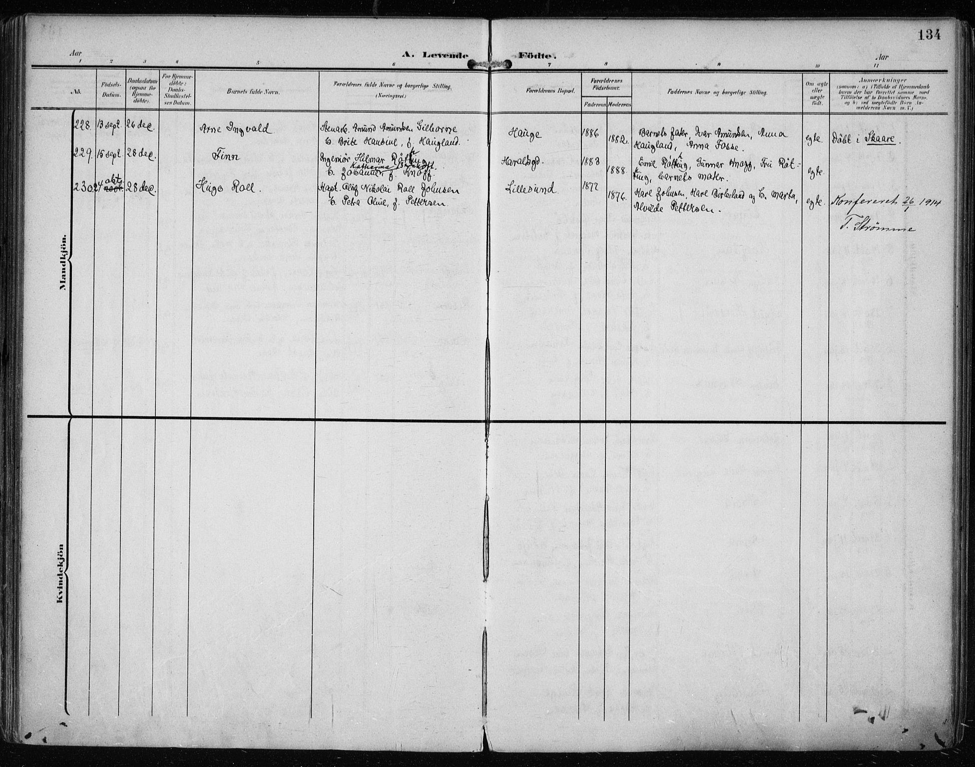 Haugesund sokneprestkontor, SAST/A -101863/H/Ha/Haa/L0008: Ministerialbok nr. A 8, 1908-1921, s. 134