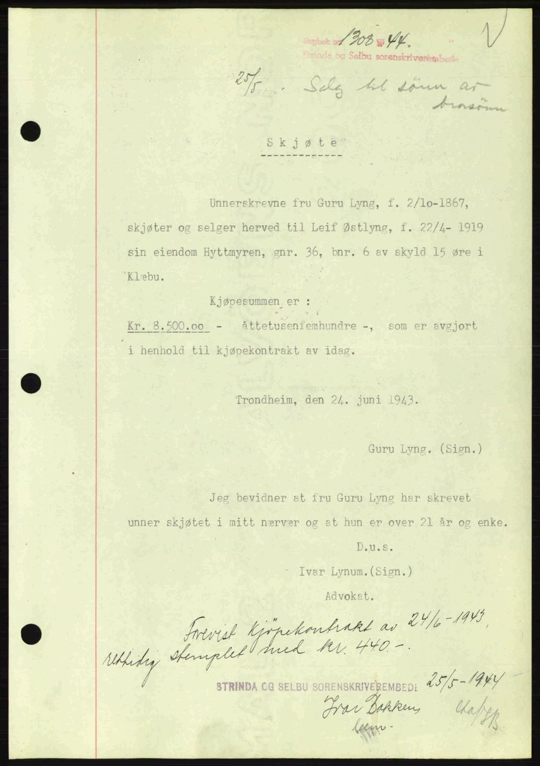 Strinda og Selbu sorenskriveri, SAT/A-0015/2/2C: Pantebok nr. A9, 1944-1945, Dagboknr: 1308/1944