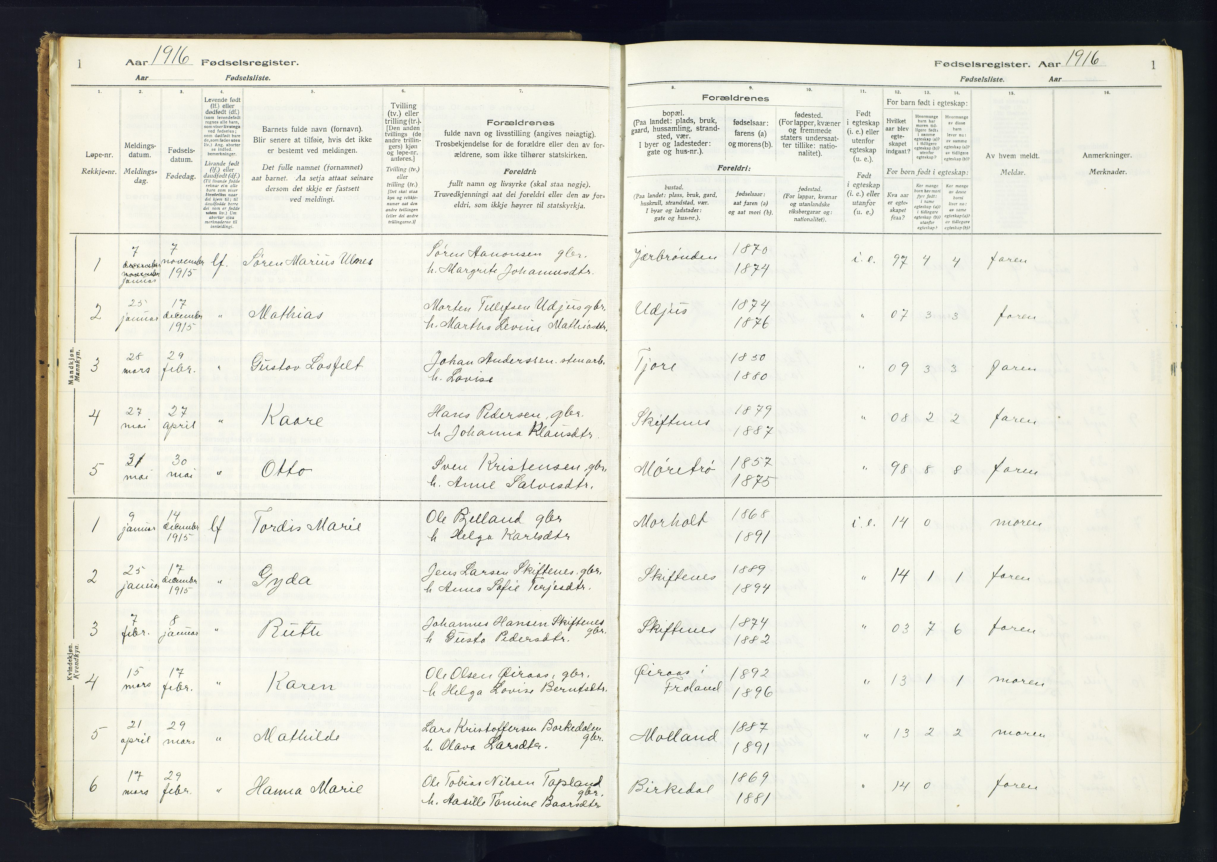 Hommedal sokneprestkontor, AV/SAK-1111-0023/J/Jd/L0001: Fødselsregister nr. 1, 1916-1962, s. 1