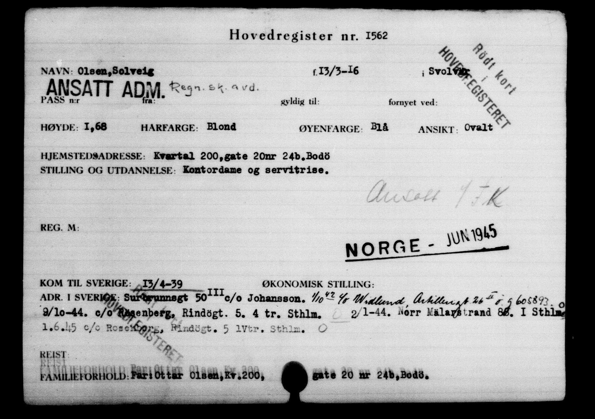 Utenriksstasjonene, Legasjonen i Stockholm, Flyktningkontoret, AV/RA-S-6753/V/Va/L0002: Kjesäterkartoteket, flyktninger med registreringsnr. 1001-2000, 1940-1945, s. 802