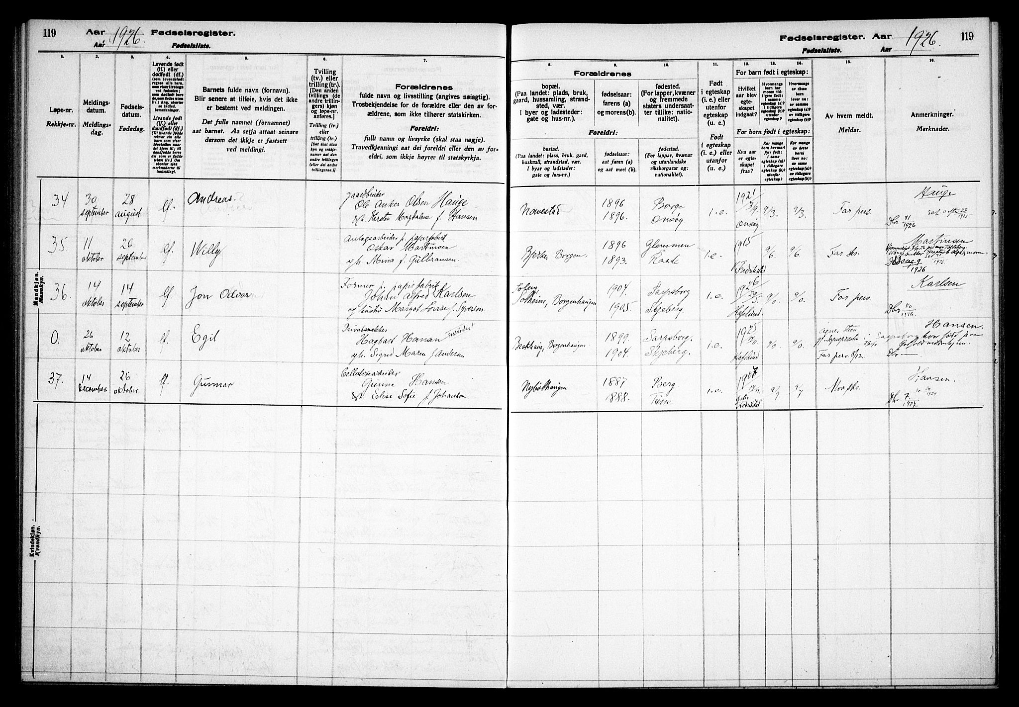 Skjeberg prestekontor Kirkebøker, SAO/A-10923/J/Jd/L0001: Fødselsregister nr. IV 1, 1916-1935, s. 119