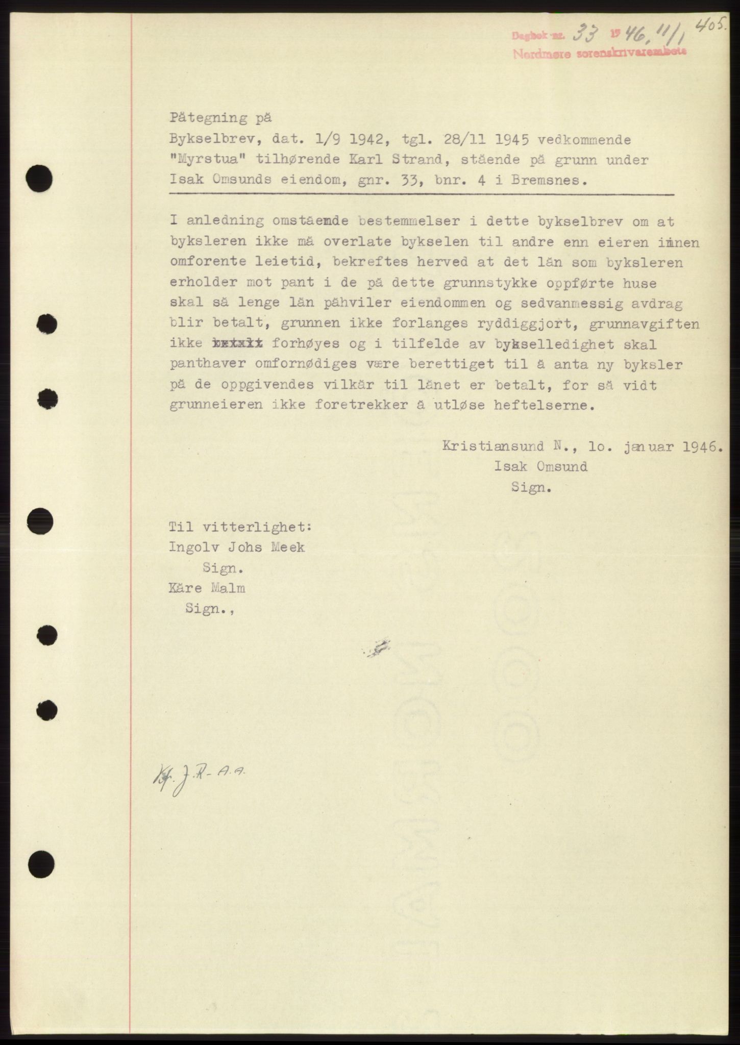 Nordmøre sorenskriveri, SAT/A-4132/1/2/2Ca: Pantebok nr. B93b, 1946-1946, Dagboknr: 33/1946