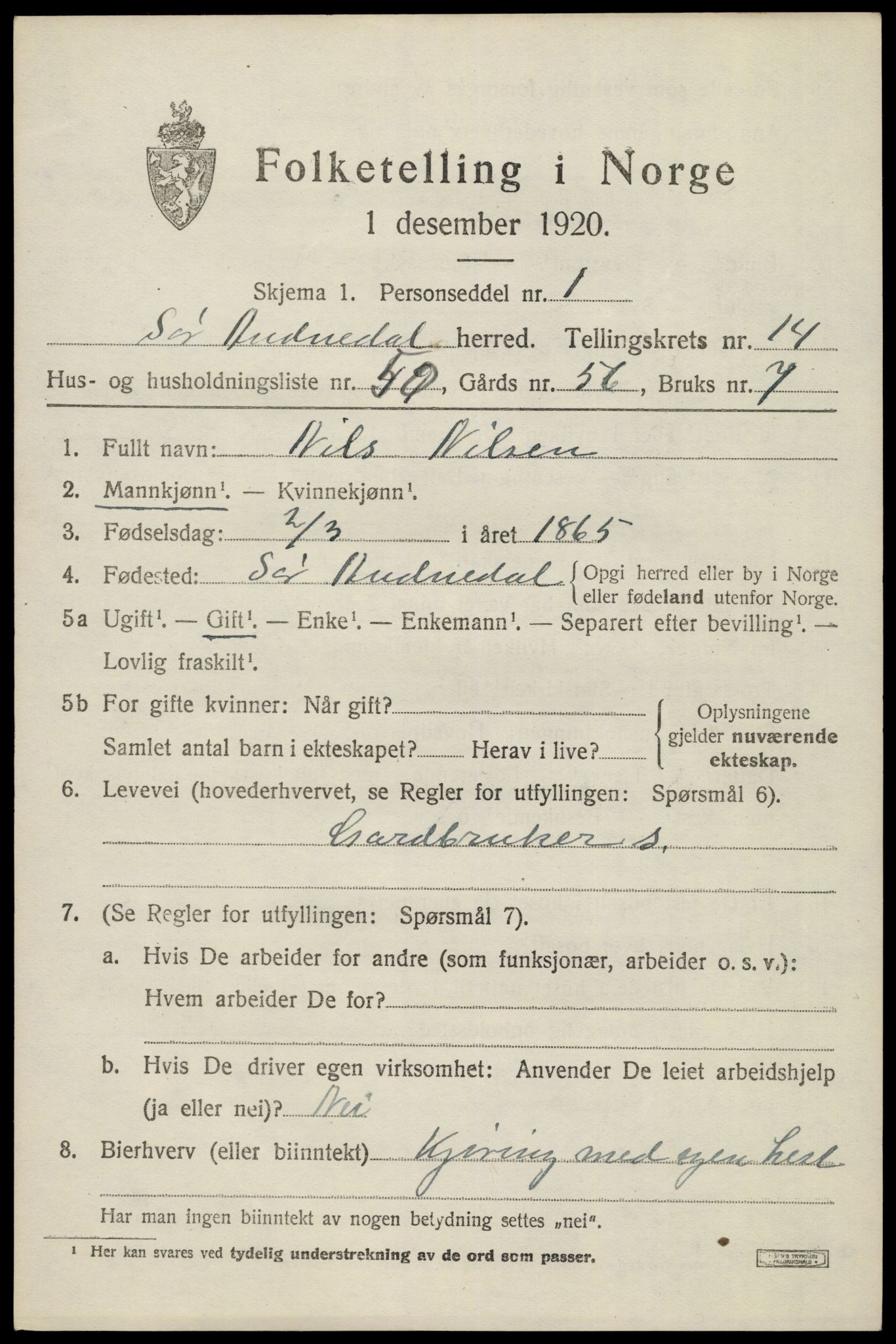 SAK, Folketelling 1920 for 1029 Sør-Audnedal herred, 1920, s. 5637