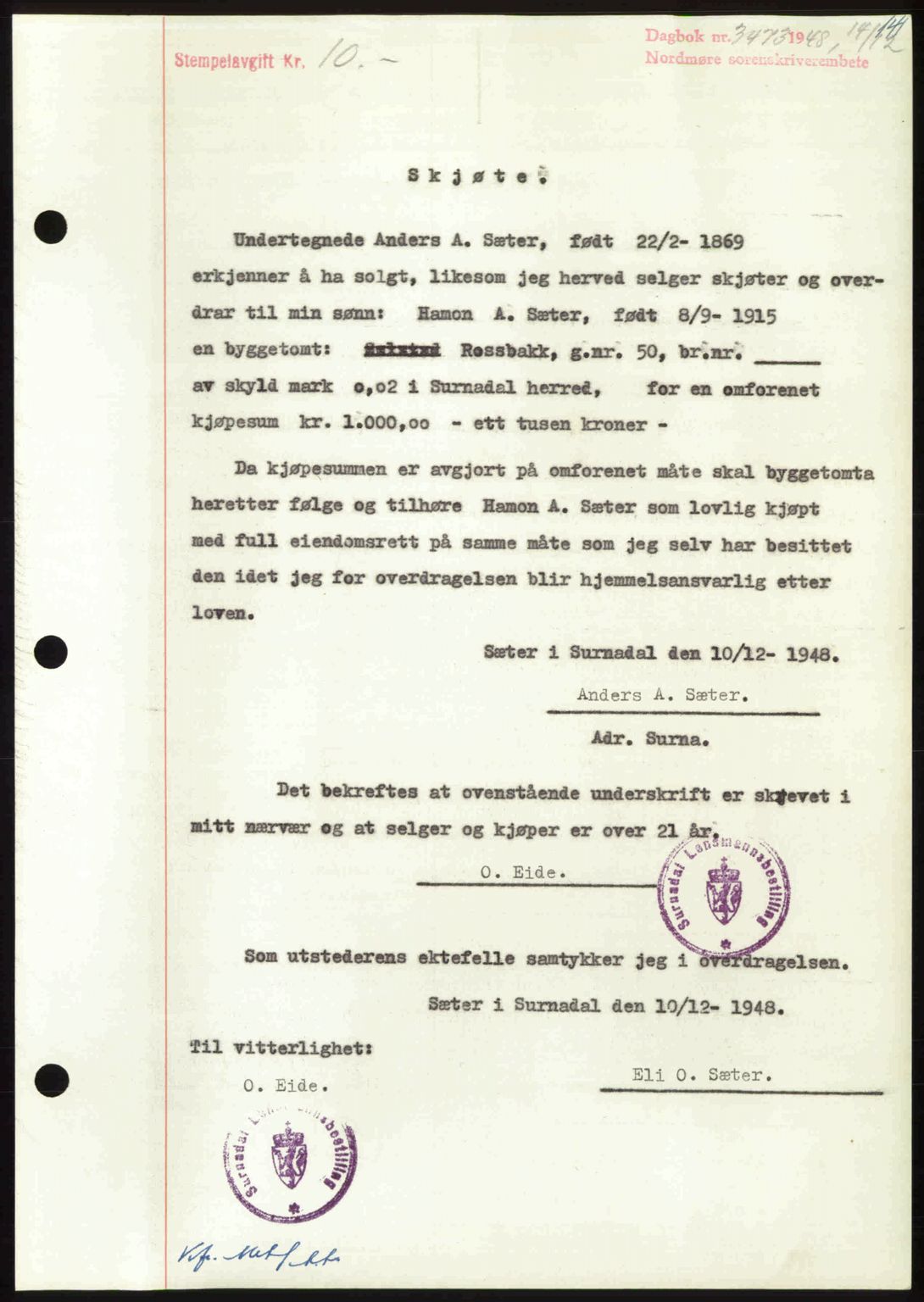 Nordmøre sorenskriveri, SAT/A-4132/1/2/2Ca: Pantebok nr. A110, 1948-1949, Dagboknr: 3473/1948