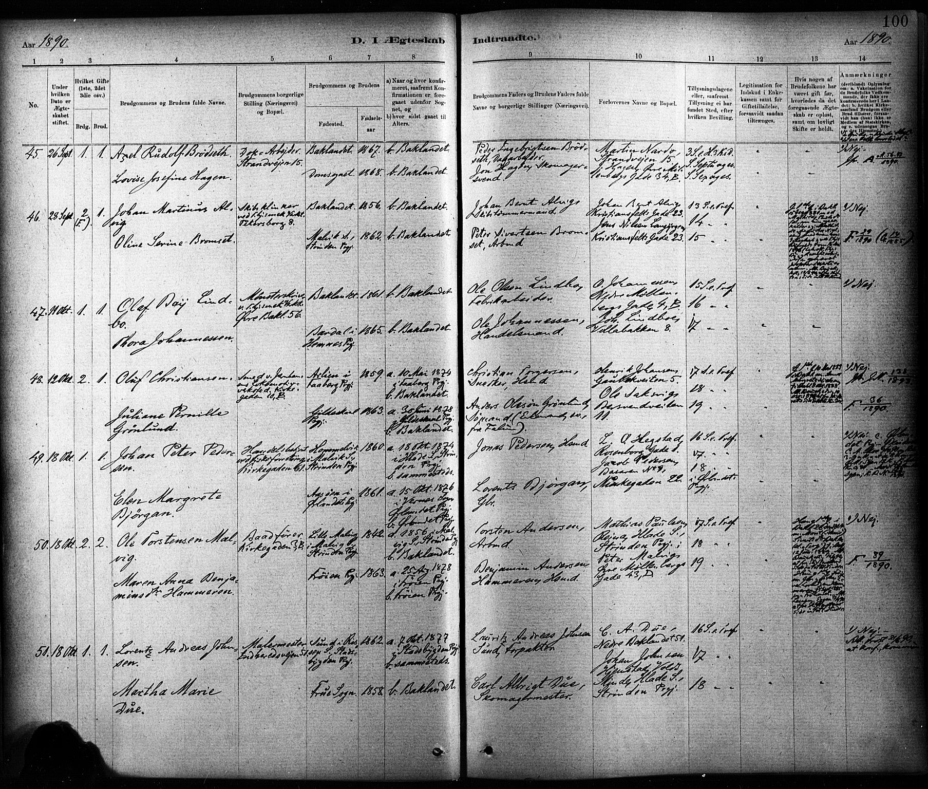 Ministerialprotokoller, klokkerbøker og fødselsregistre - Sør-Trøndelag, AV/SAT-A-1456/604/L0189: Ministerialbok nr. 604A10, 1878-1892, s. 100