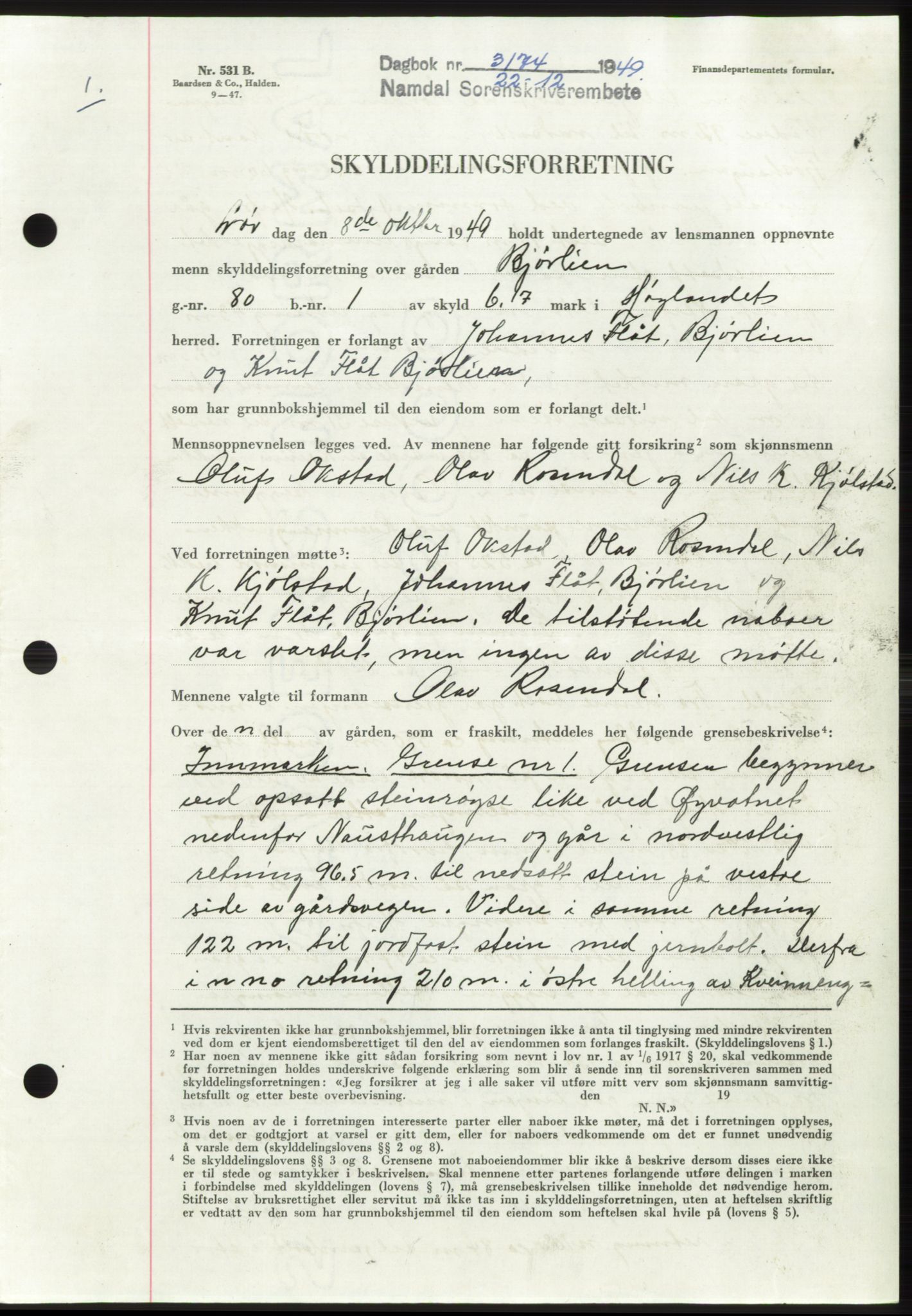 Namdal sorenskriveri, SAT/A-4133/1/2/2C: Pantebok nr. -, 1949-1949, Dagboknr: 3174/1949