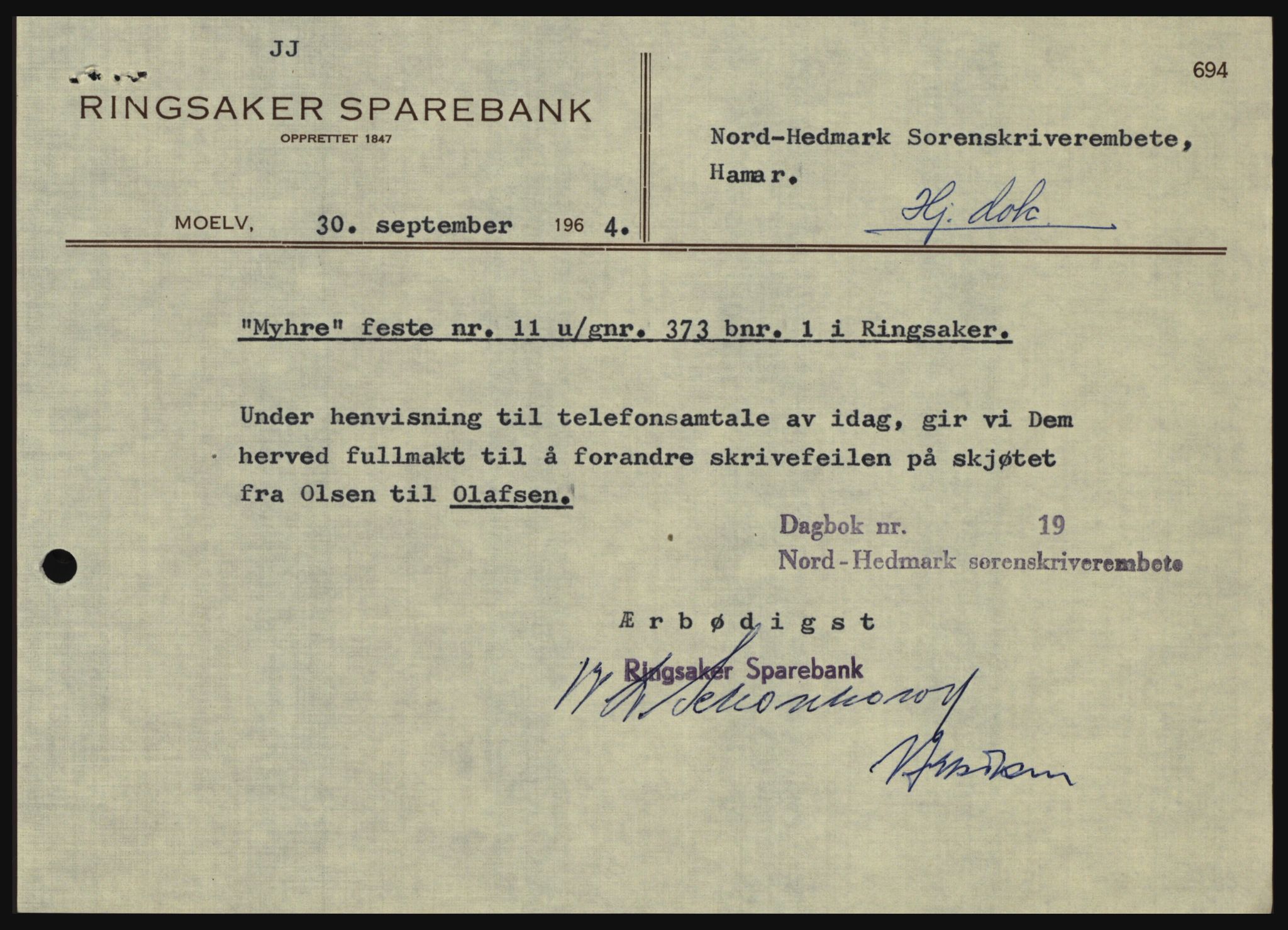 Nord-Hedmark sorenskriveri, SAH/TING-012/H/Hc/L0020: Pantebok nr. 20, 1964-1964, Dagboknr: 4874/1964