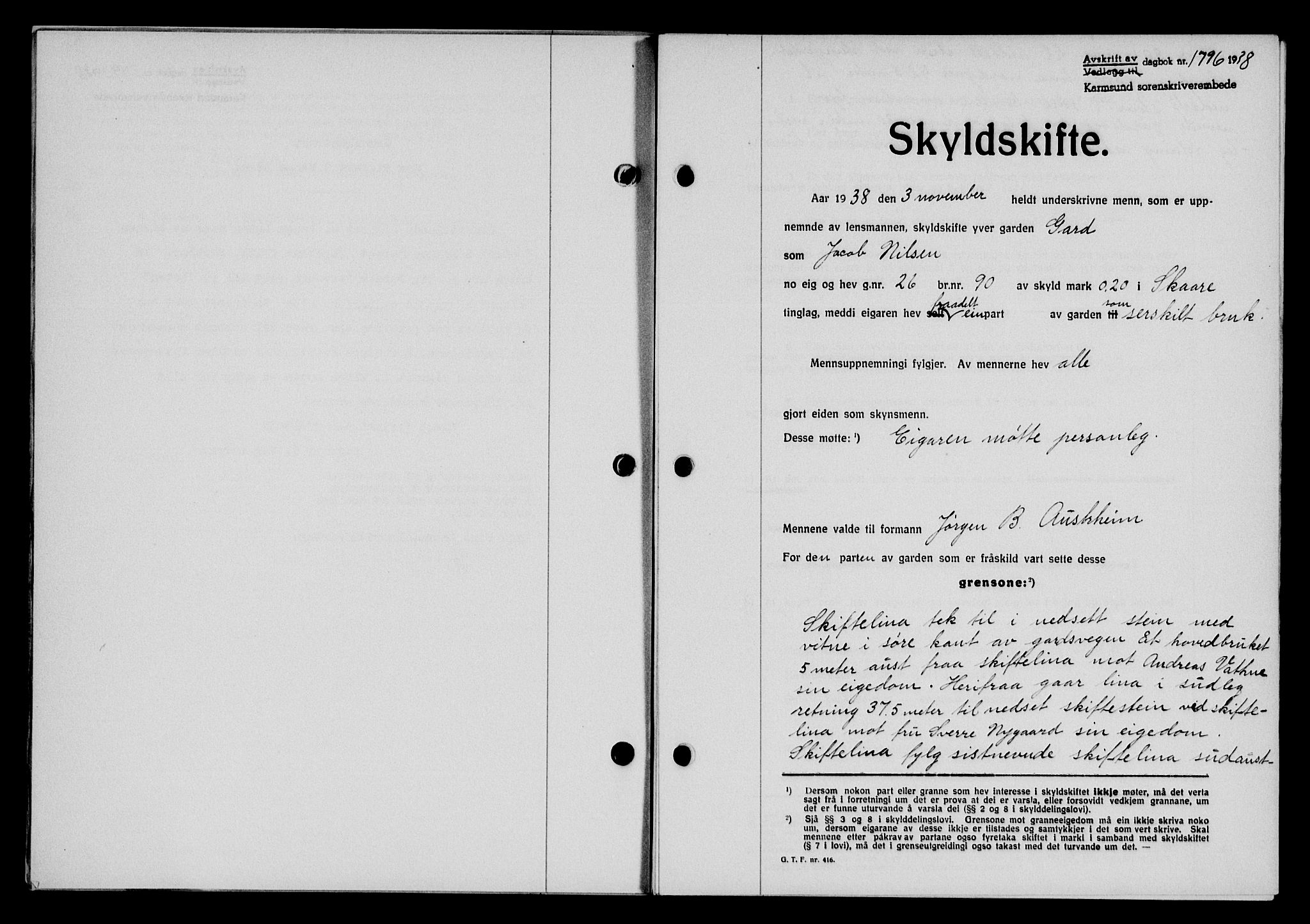Karmsund sorenskriveri, SAST/A-100311/01/II/IIB/L0070: Pantebok nr. 51A, 1938-1939, Dagboknr: 1796/1938