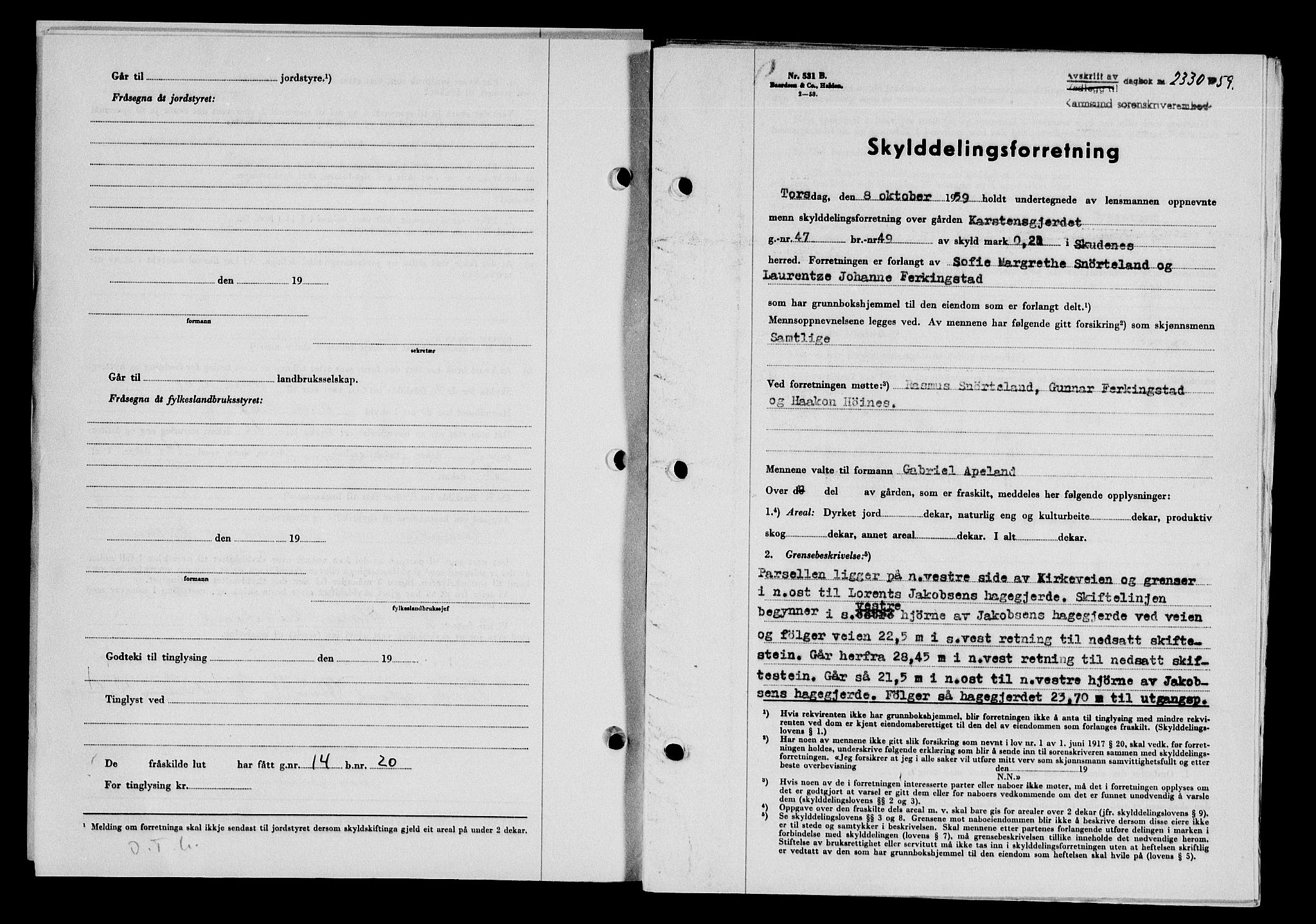 Karmsund sorenskriveri, SAST/A-100311/01/II/IIB/L0132: Pantebok nr. 112A, 1959-1959, Dagboknr: 2330/1959