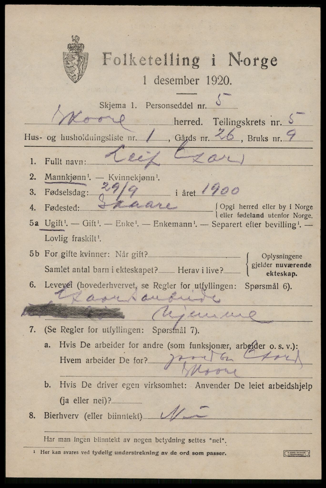 SAST, Folketelling 1920 for 1153 Skåre herred, 1920, s. 2698