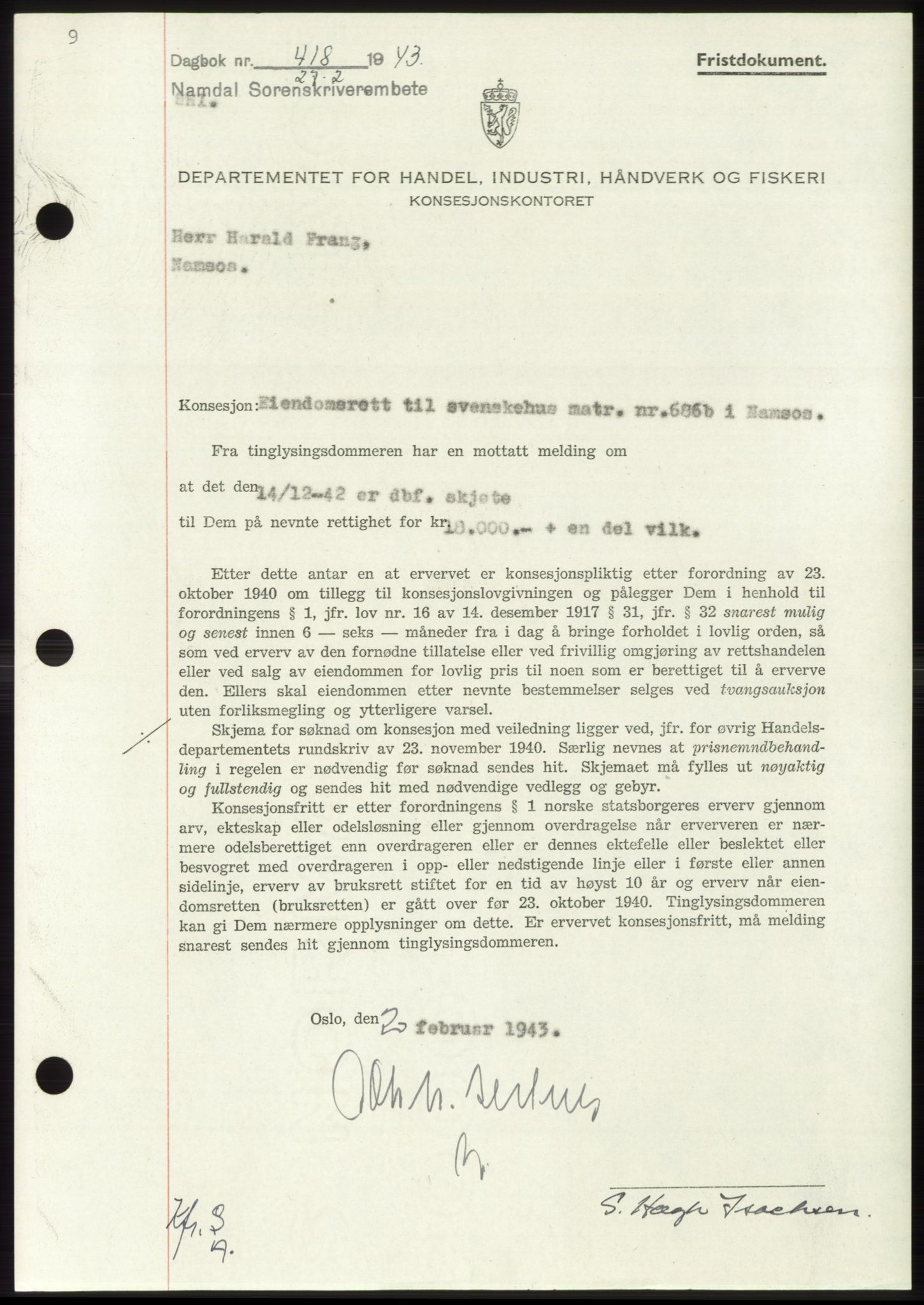 Namdal sorenskriveri, SAT/A-4133/1/2/2C: Pantebok nr. -, 1942-1943, Dagboknr: 418/1943