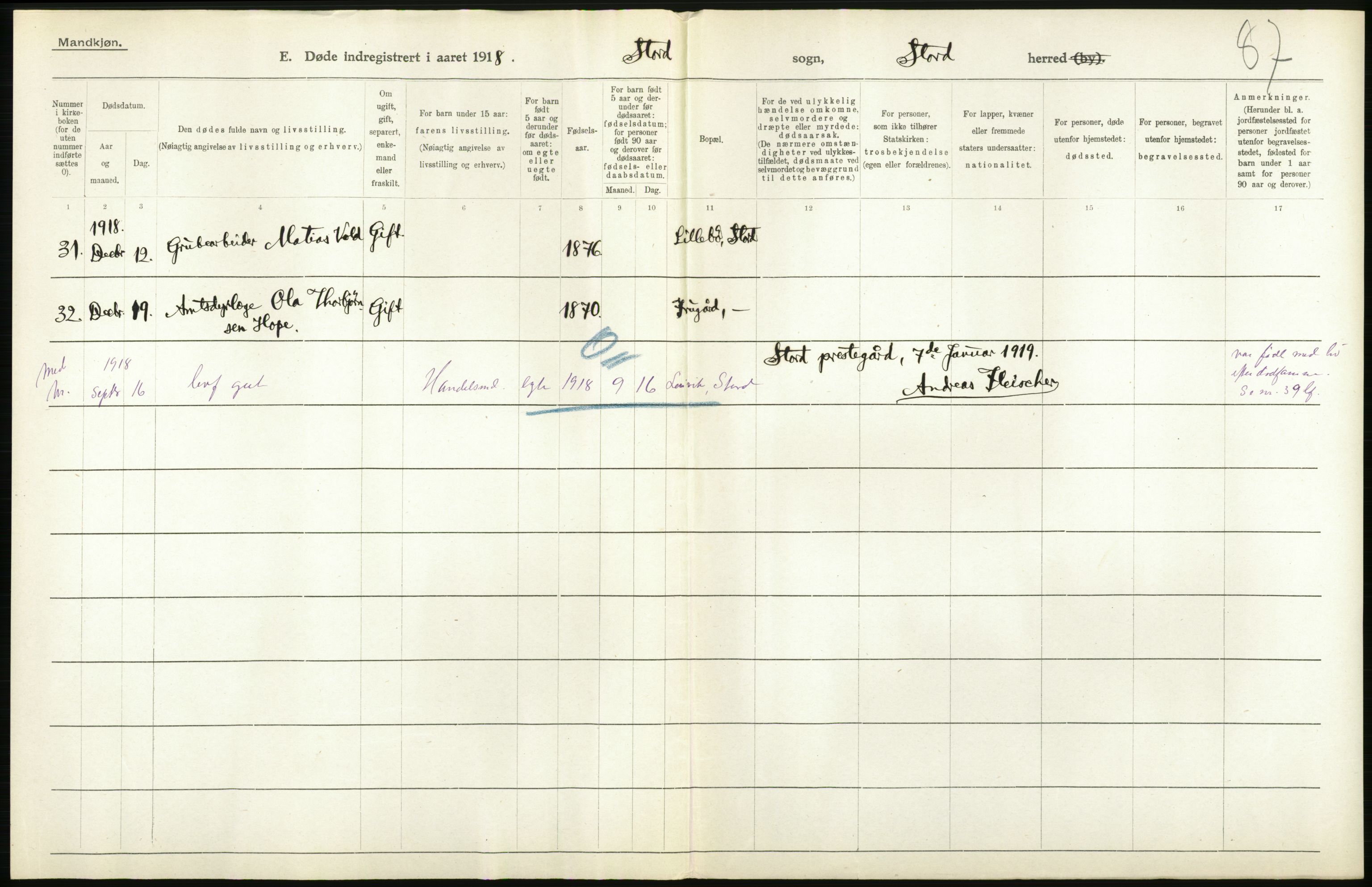 Statistisk sentralbyrå, Sosiodemografiske emner, Befolkning, AV/RA-S-2228/D/Df/Dfb/Dfbh/L0036: Hordaland fylke: Døde., 1918, s. 74