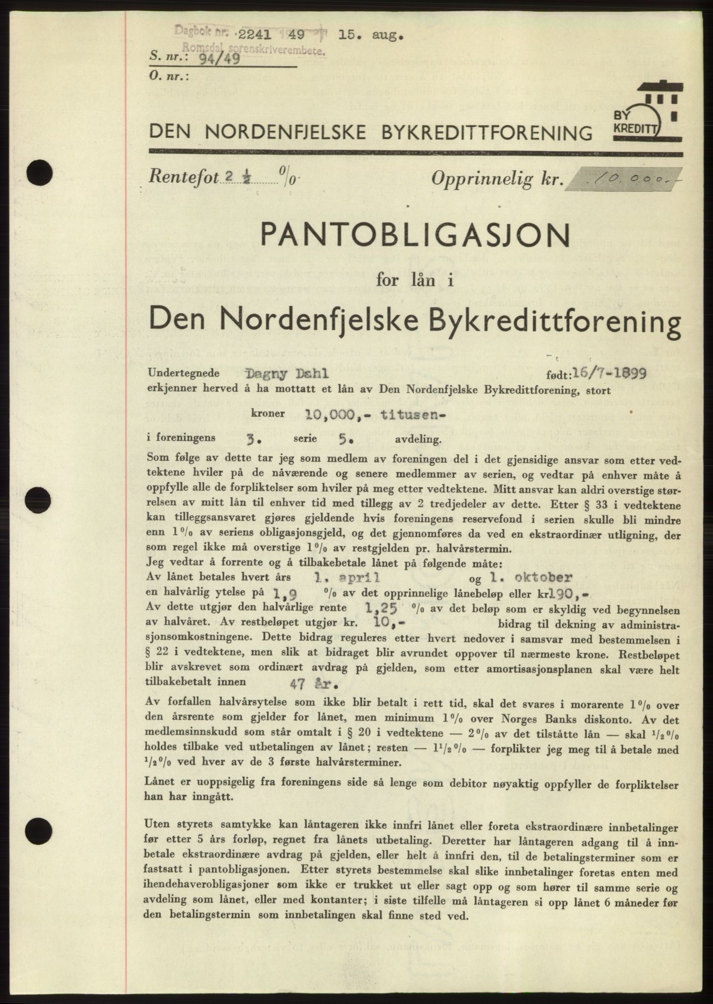 Romsdal sorenskriveri, SAT/A-4149/1/2/2C: Pantebok nr. B4, 1948-1949, Dagboknr: 2241/1949