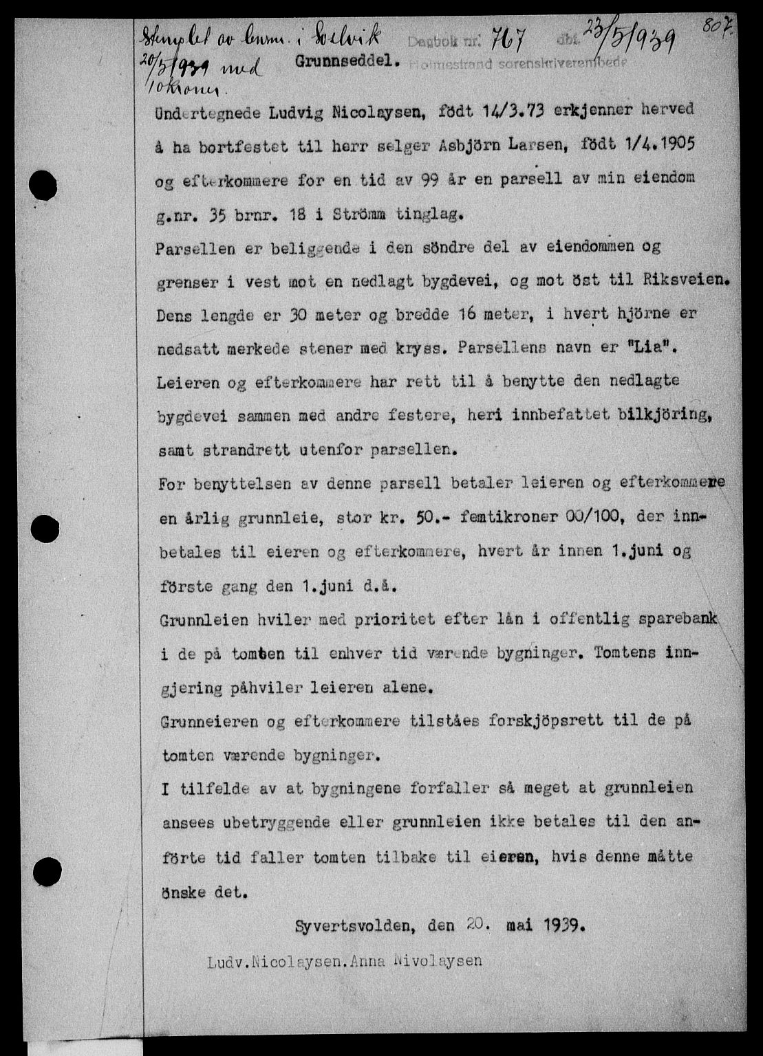 Holmestrand sorenskriveri, SAKO/A-67/G/Ga/Gaa/L0050: Pantebok nr. A-50, 1938-1939, Dagboknr: 767/1939