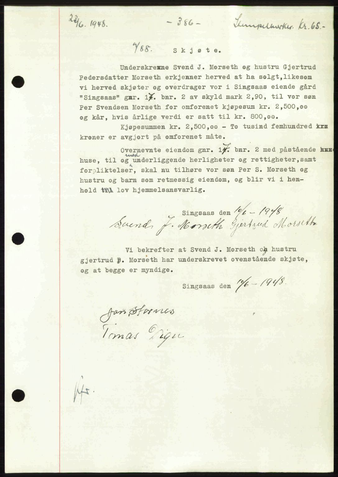 Gauldal sorenskriveri, SAT/A-0014/1/2/2C: Pantebok nr. A6, 1948-1948, Dagboknr: 788/1948