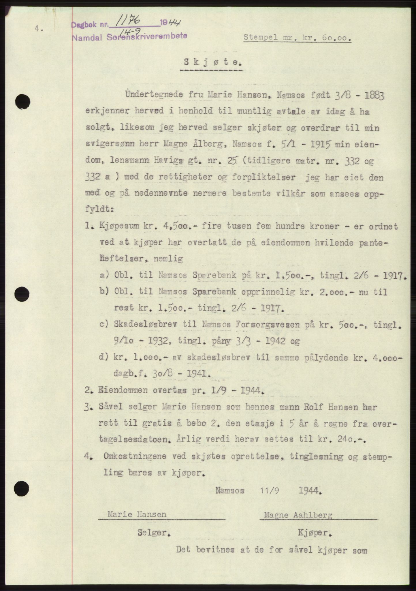 Namdal sorenskriveri, SAT/A-4133/1/2/2C: Pantebok nr. -, 1944-1945, Dagboknr: 1176/1944