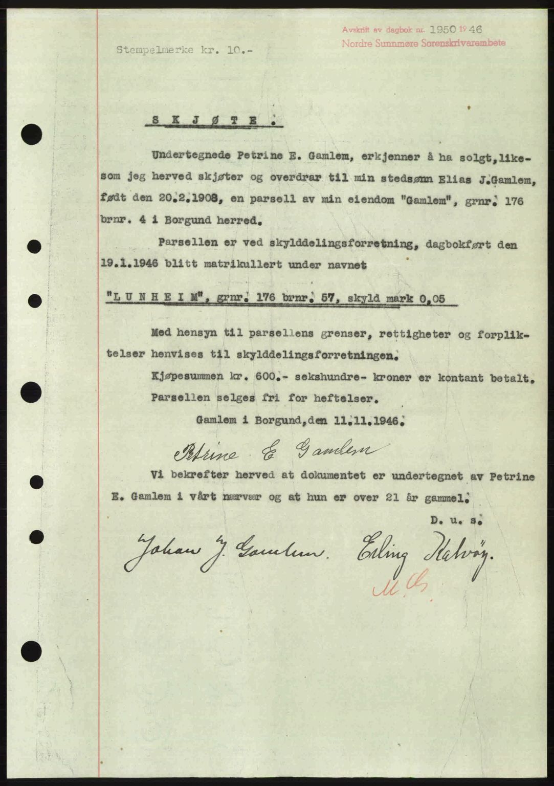 Nordre Sunnmøre sorenskriveri, AV/SAT-A-0006/1/2/2C/2Ca: Pantebok nr. A23, 1946-1947, Dagboknr: 1950/1946