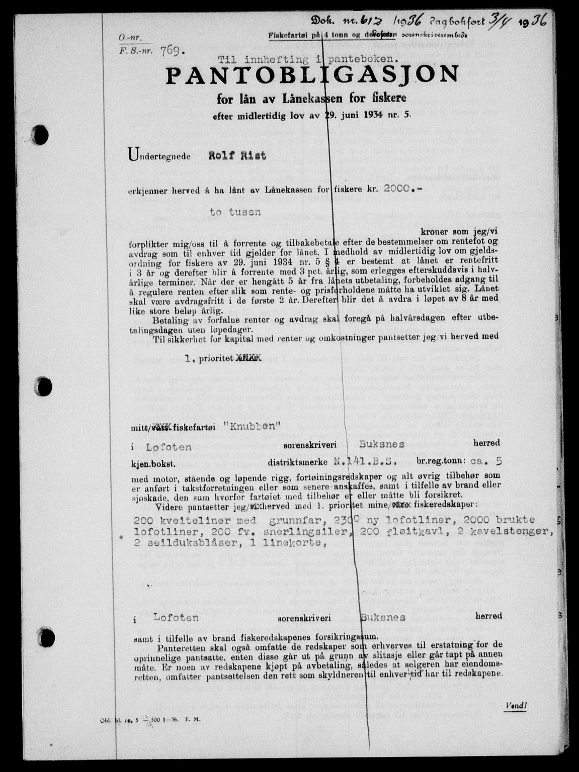 Lofoten sorenskriveri, SAT/A-0017/1/2/2C/L0033b: Pantebok nr. 33b, 1936-1936, Dagboknr: 612/1936