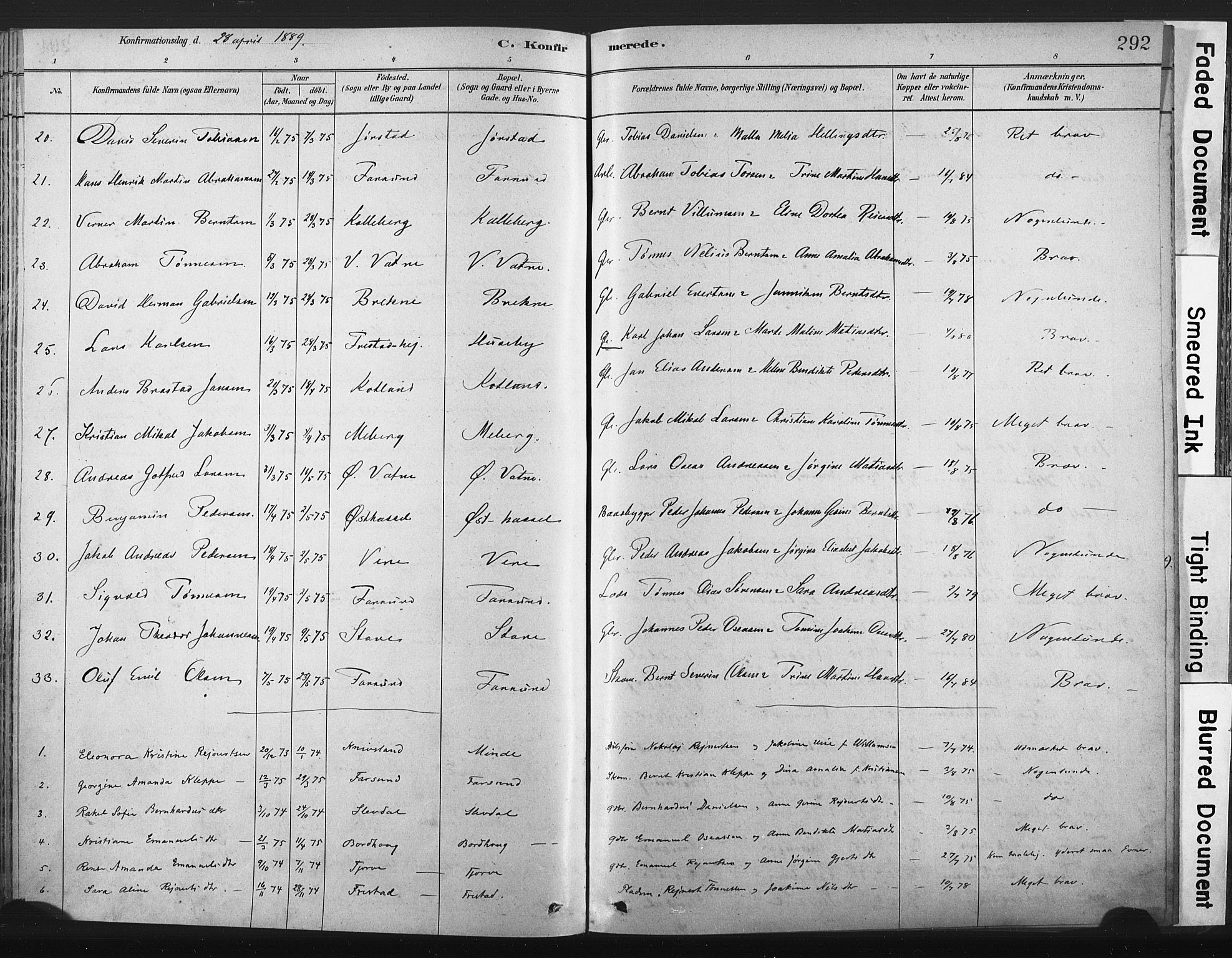 Lista sokneprestkontor, SAK/1111-0027/F/Fa/L0012: Ministerialbok nr. A 12, 1879-1903, s. 292