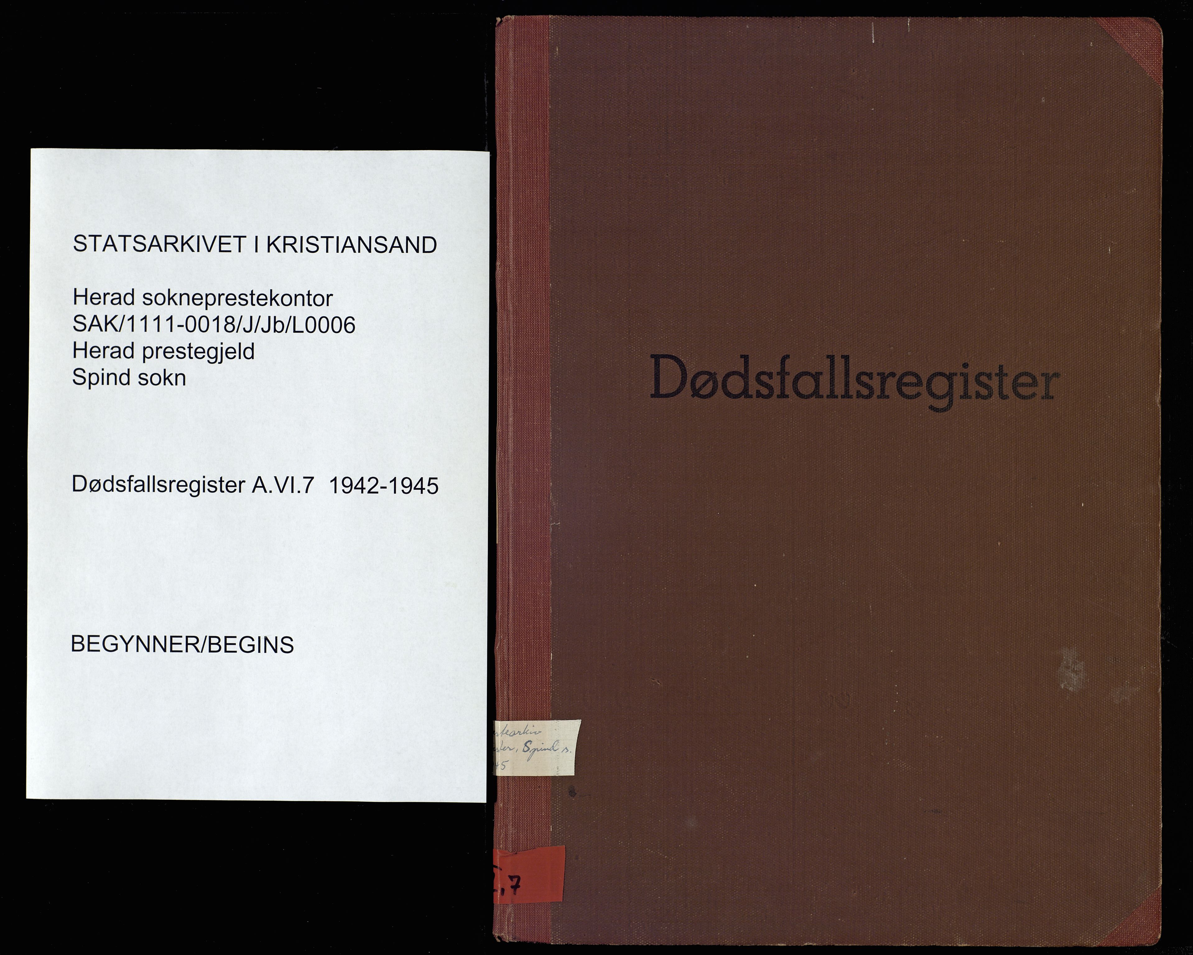 Herad sokneprestkontor, SAK/1111-0018/J/Jb/L0006: A-VI-7 - Dødsfallsregister Spind sogn, 1942-1945