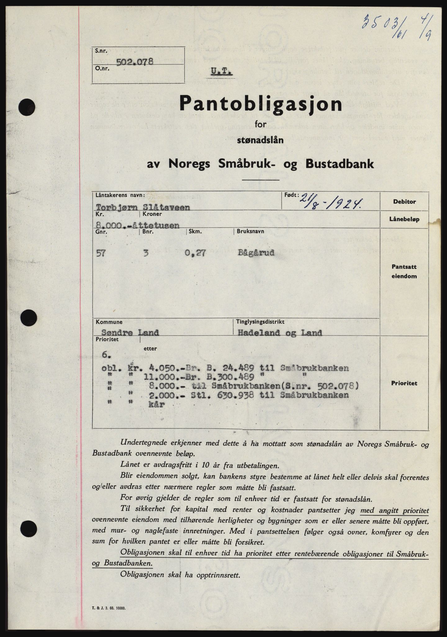 Hadeland og Land tingrett, SAH/TING-010/H/Hb/Hbc/L0046: Pantebok nr. B46, 1961-1961, Dagboknr: 3503/1961