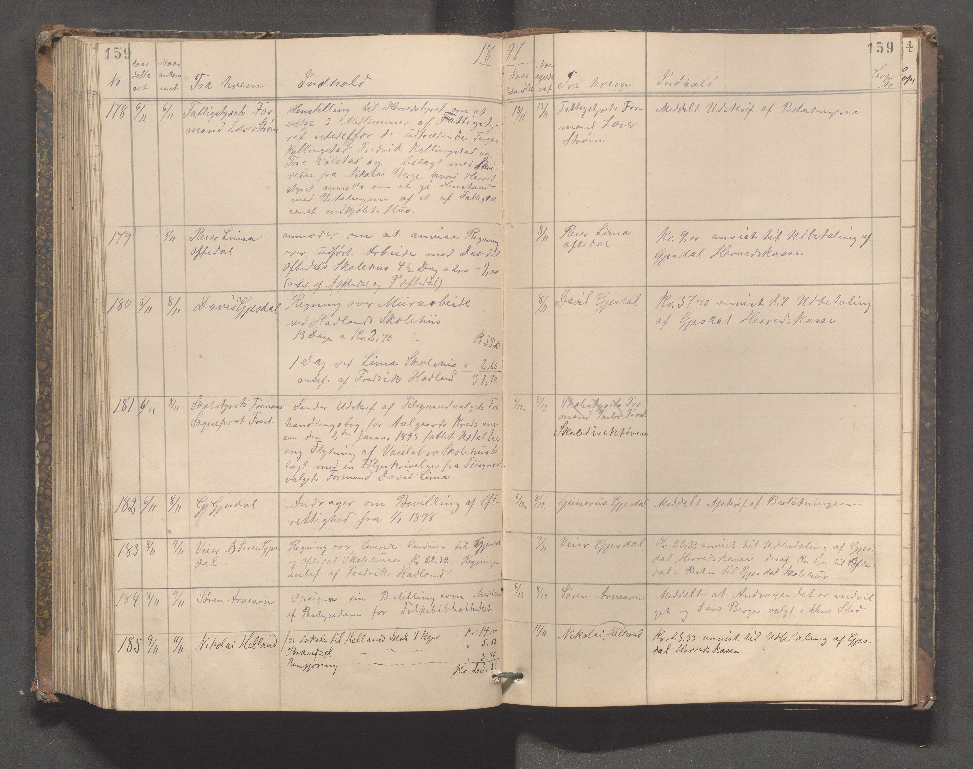 Gjesdal kommune - Formannskapet, IKAR/K-101383/C/Ca/L0002: Brevjournal, 1881-1899, s. 159