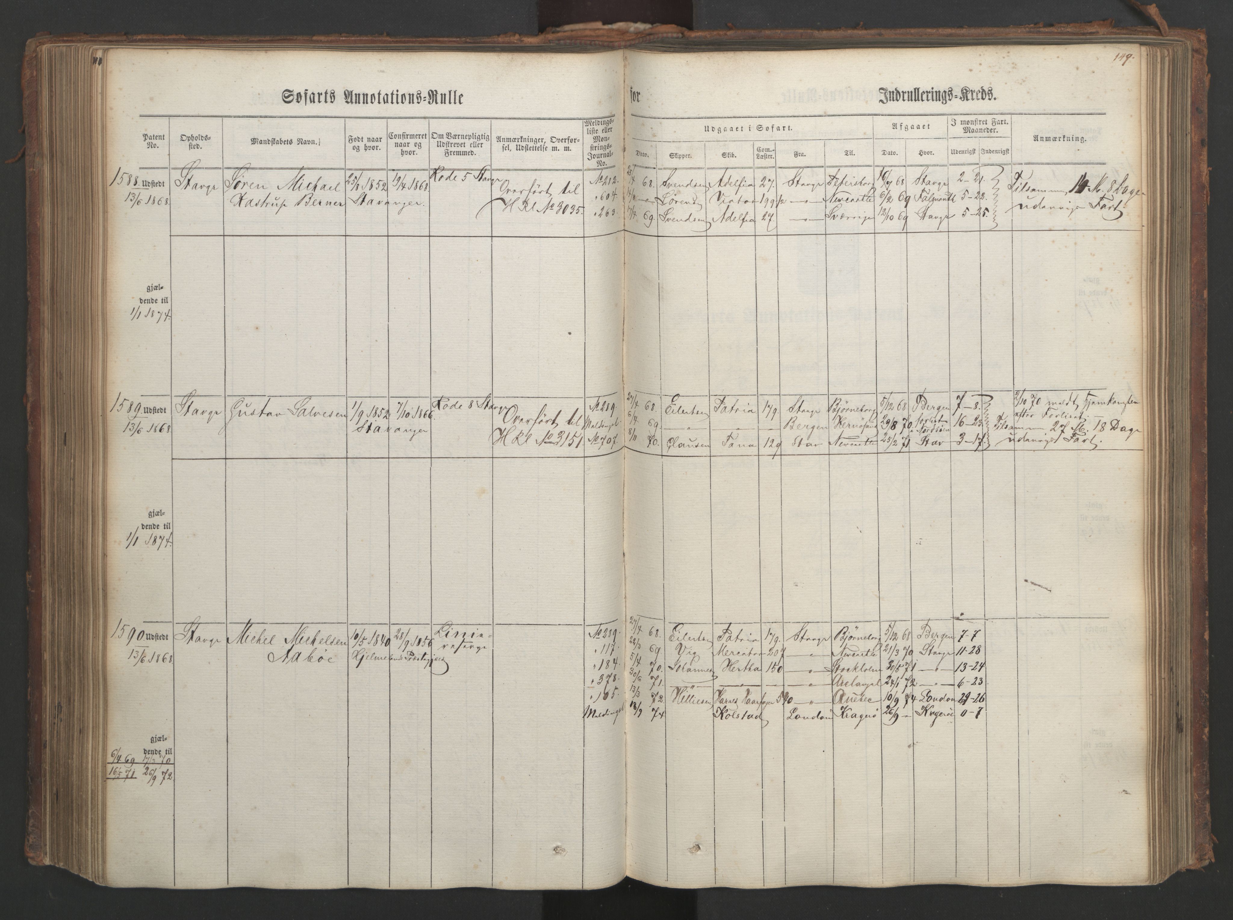 Stavanger sjømannskontor, AV/SAST-A-102006/F/Ff/L0003: Annotasjonsrulle, patentnr. 1144-1761, 1866, s. 173