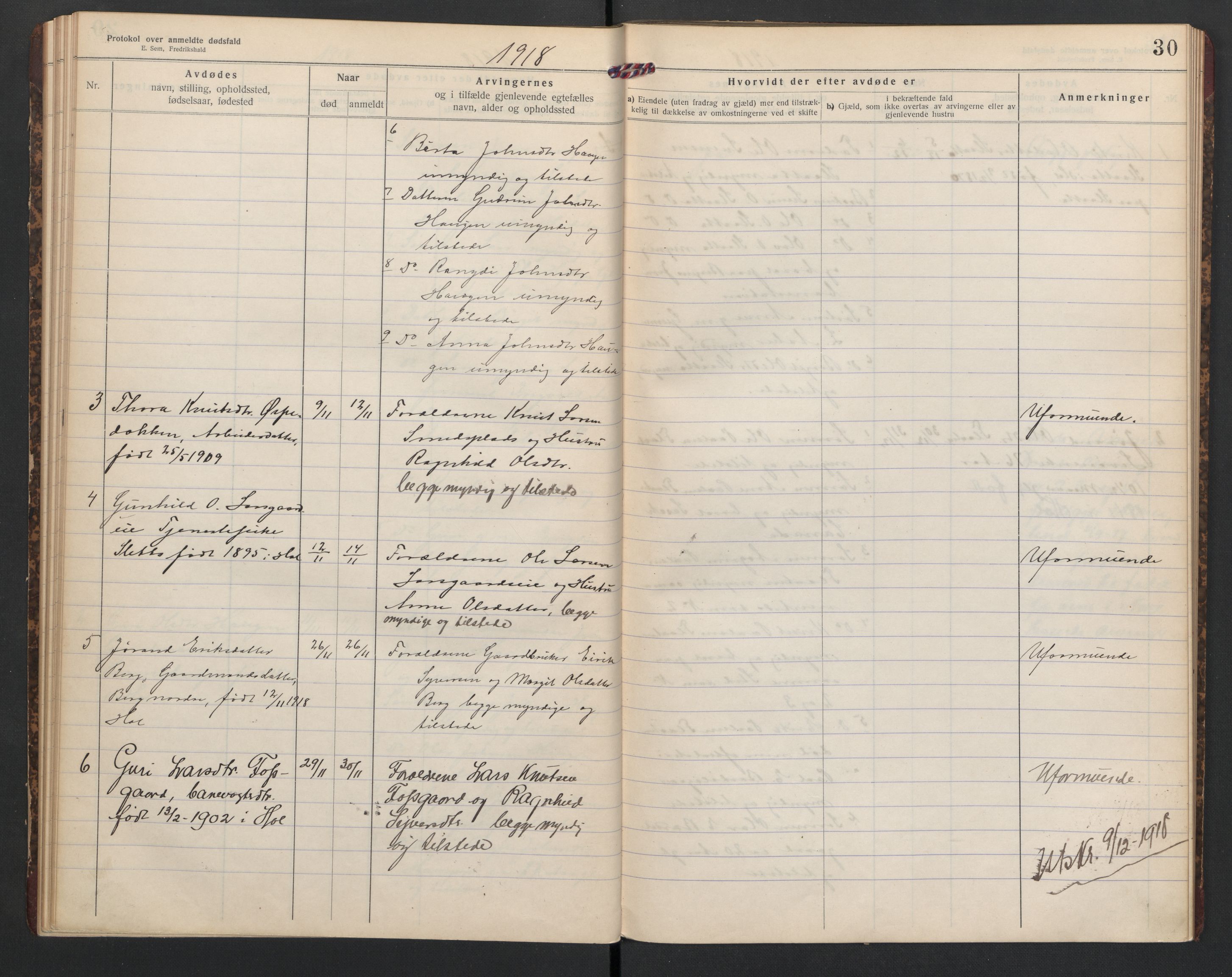 Hol lensmannskontor, AV/SAKO-A-512/H/Ha/L0005: Dødsanmeldelsesprotokoll, 1917-1924, s. 30