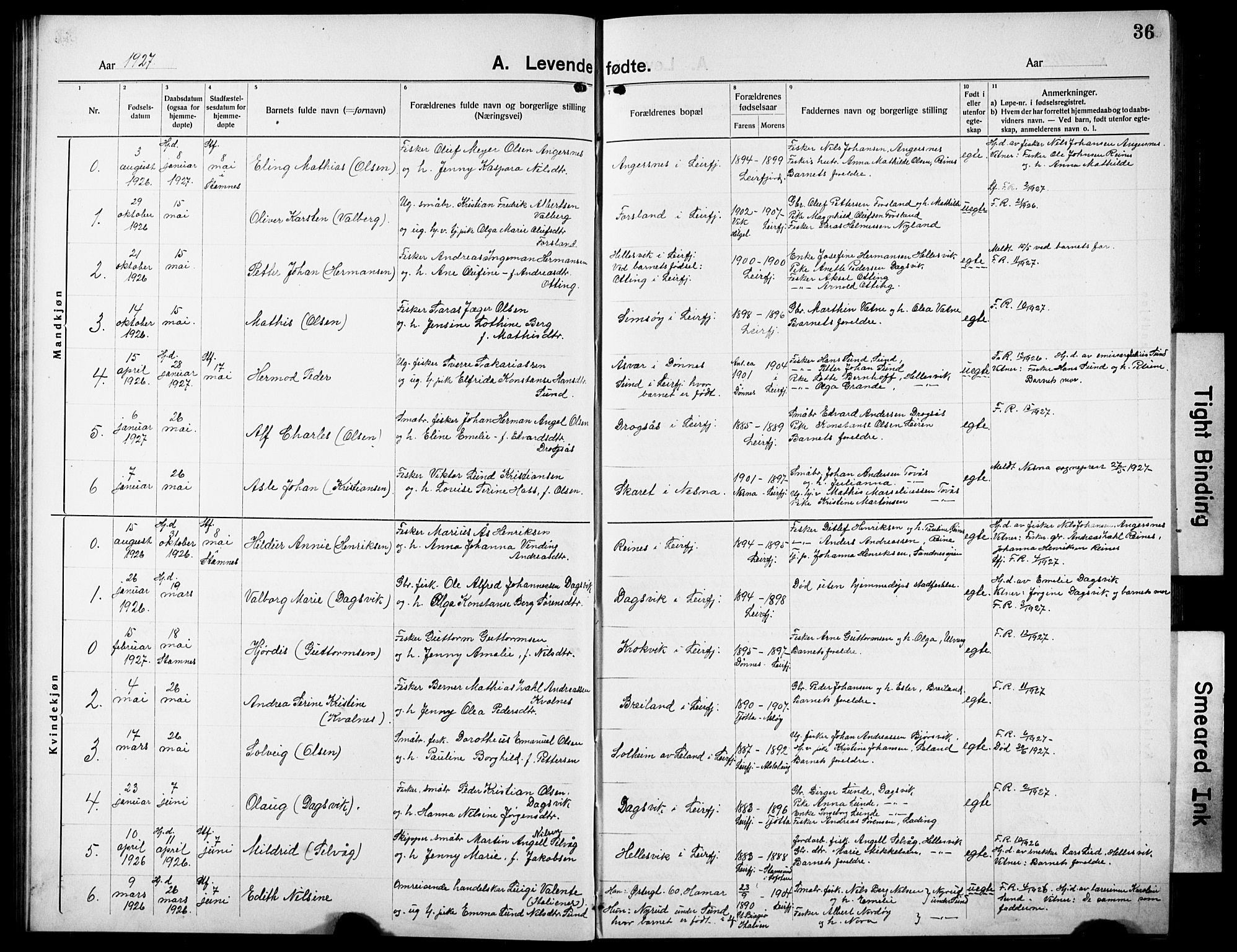 Ministerialprotokoller, klokkerbøker og fødselsregistre - Nordland, AV/SAT-A-1459/832/L0495: Klokkerbok nr. 832C02, 1920-1932, s. 36