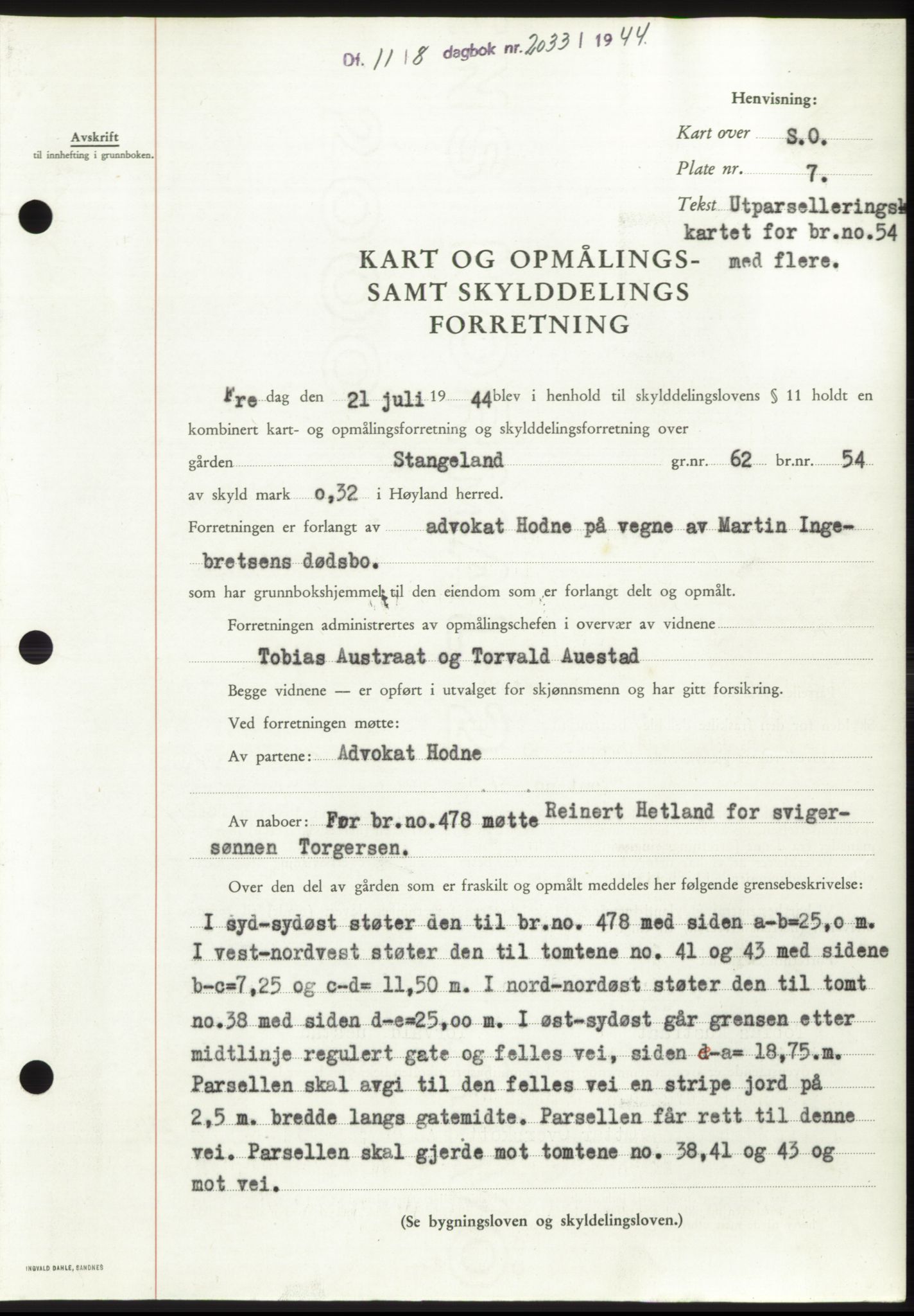 Jæren sorenskriveri, SAST/A-100310/03/G/Gba/L0087: Pantebok, 1944-1945, Dagboknr: 2033/1944