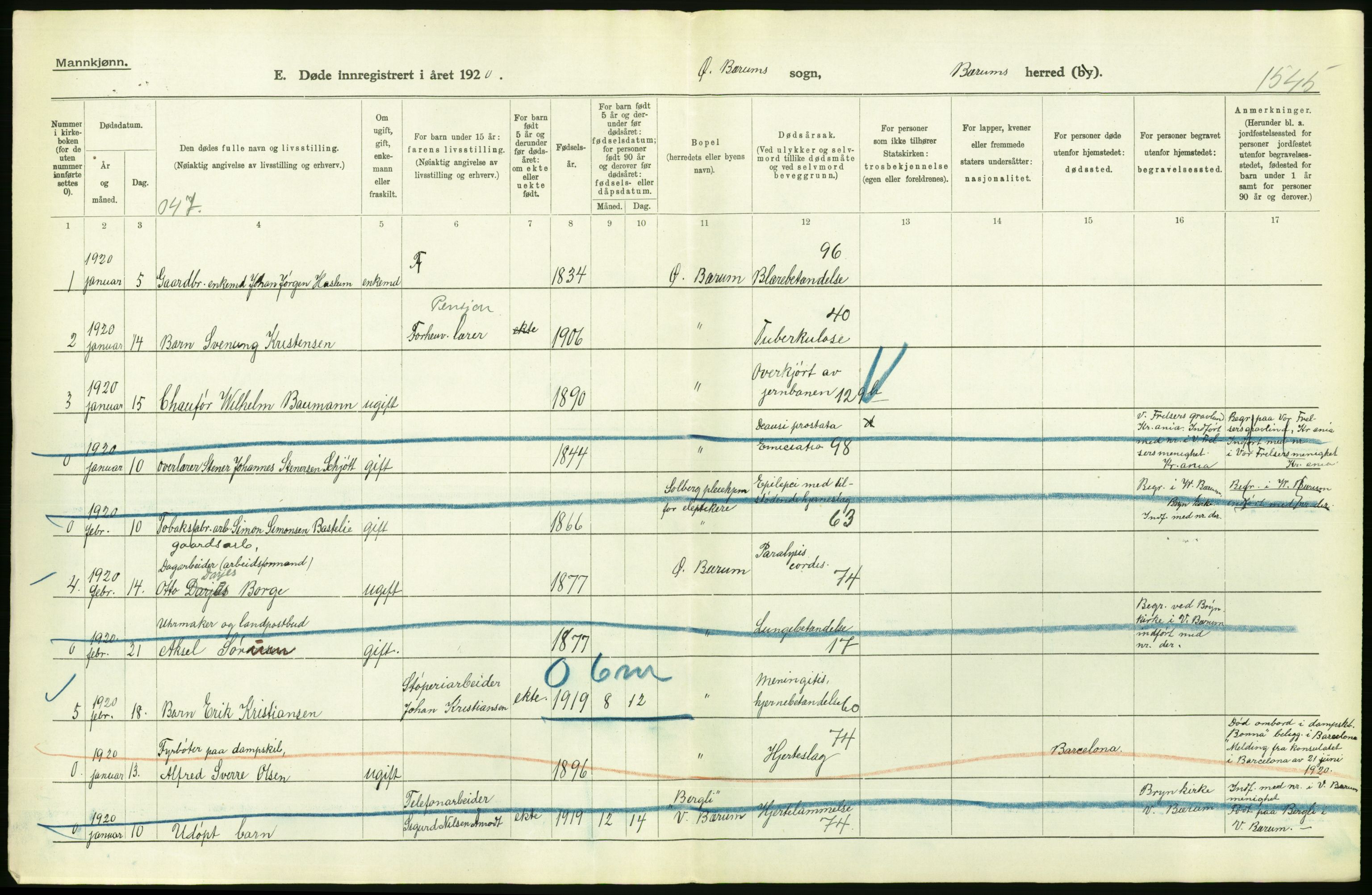 Statistisk sentralbyrå, Sosiodemografiske emner, Befolkning, RA/S-2228/D/Df/Dfb/Dfbj/L0007: Akershus fylke: Døde. Bygder og byer., 1920, s. 110