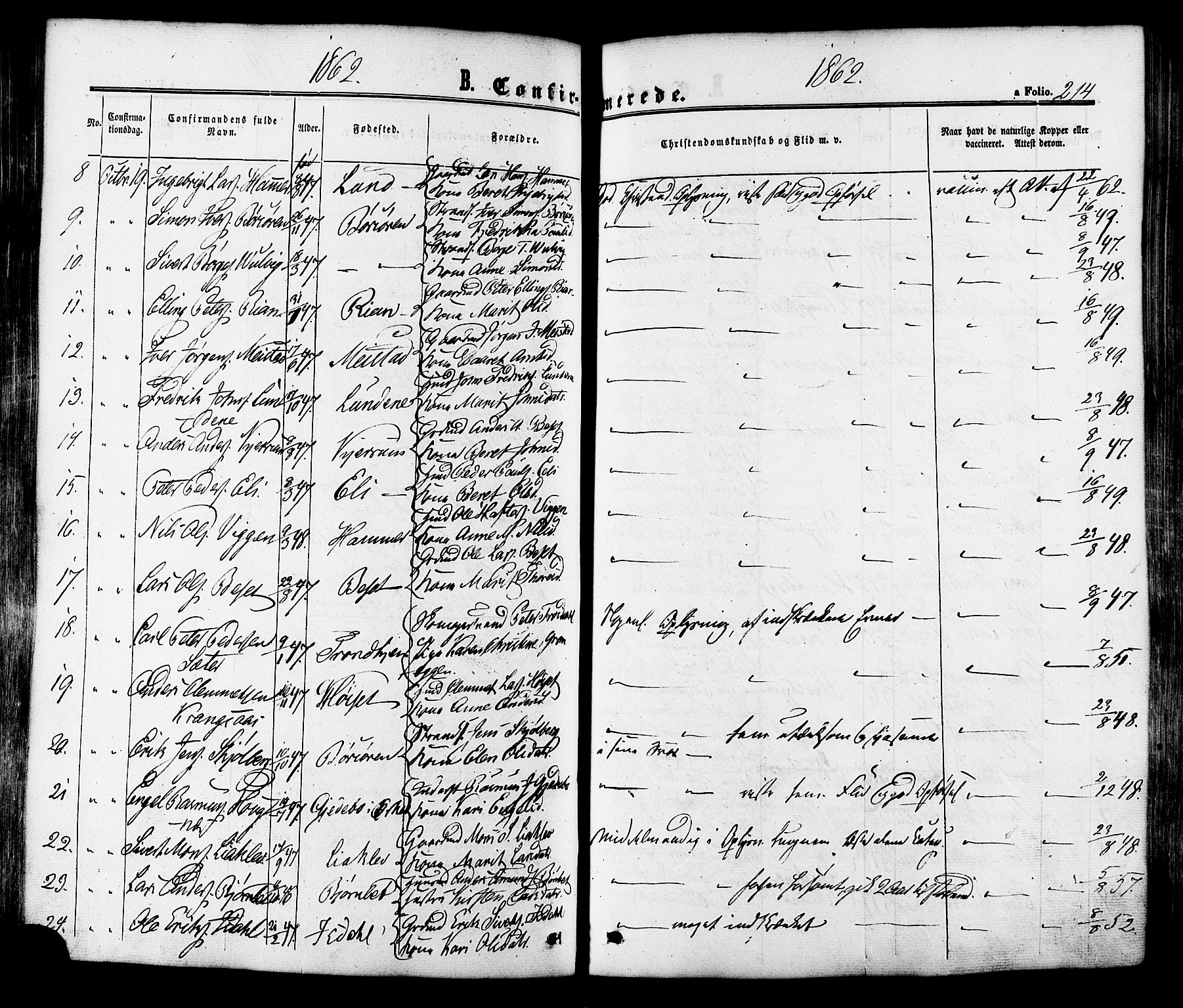Ministerialprotokoller, klokkerbøker og fødselsregistre - Sør-Trøndelag, SAT/A-1456/665/L0772: Ministerialbok nr. 665A07, 1856-1878, s. 214