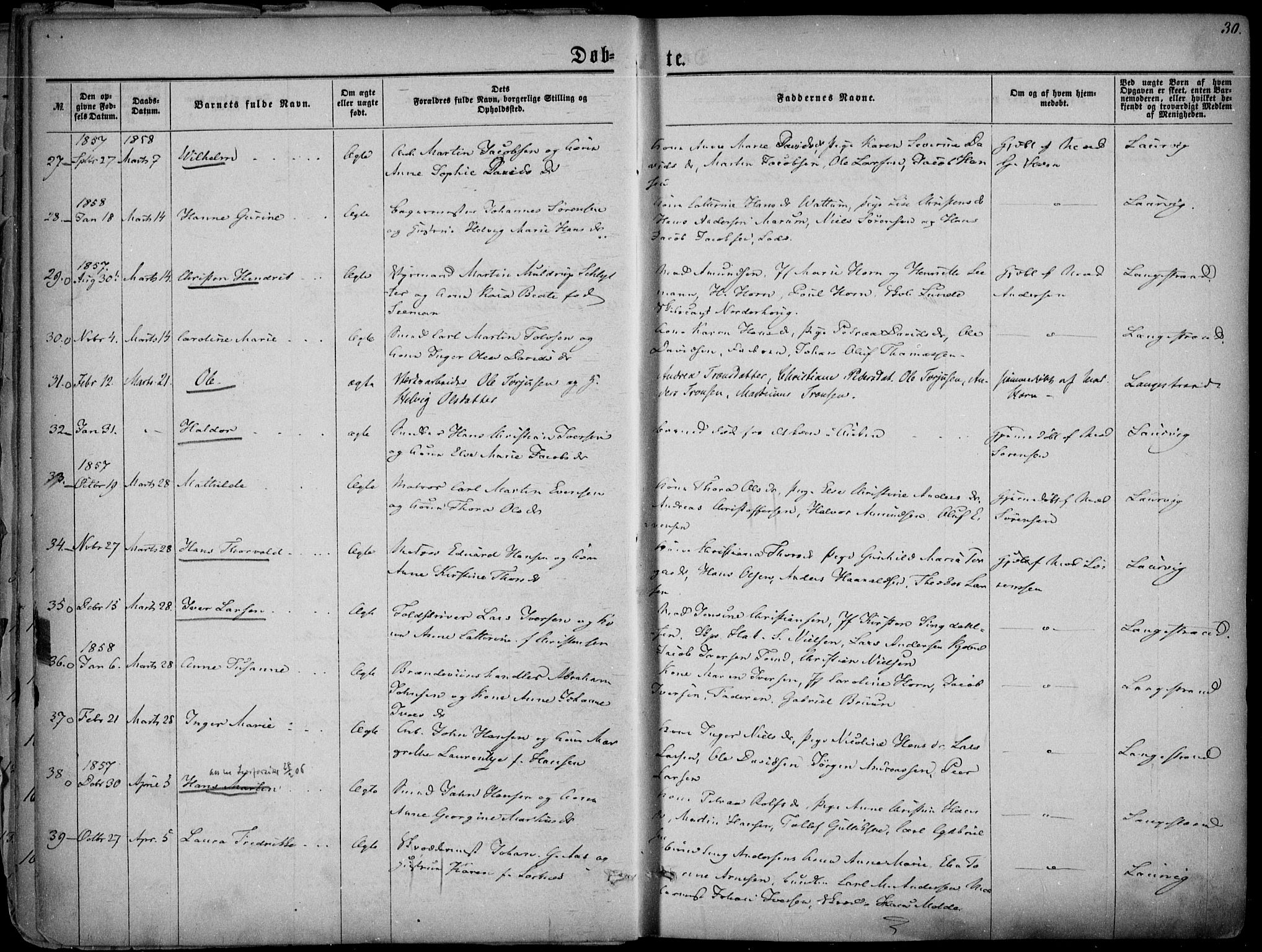 Larvik kirkebøker, AV/SAKO-A-352/F/Fa/L0004: Ministerialbok nr. I 4, 1856-1870, s. 30
