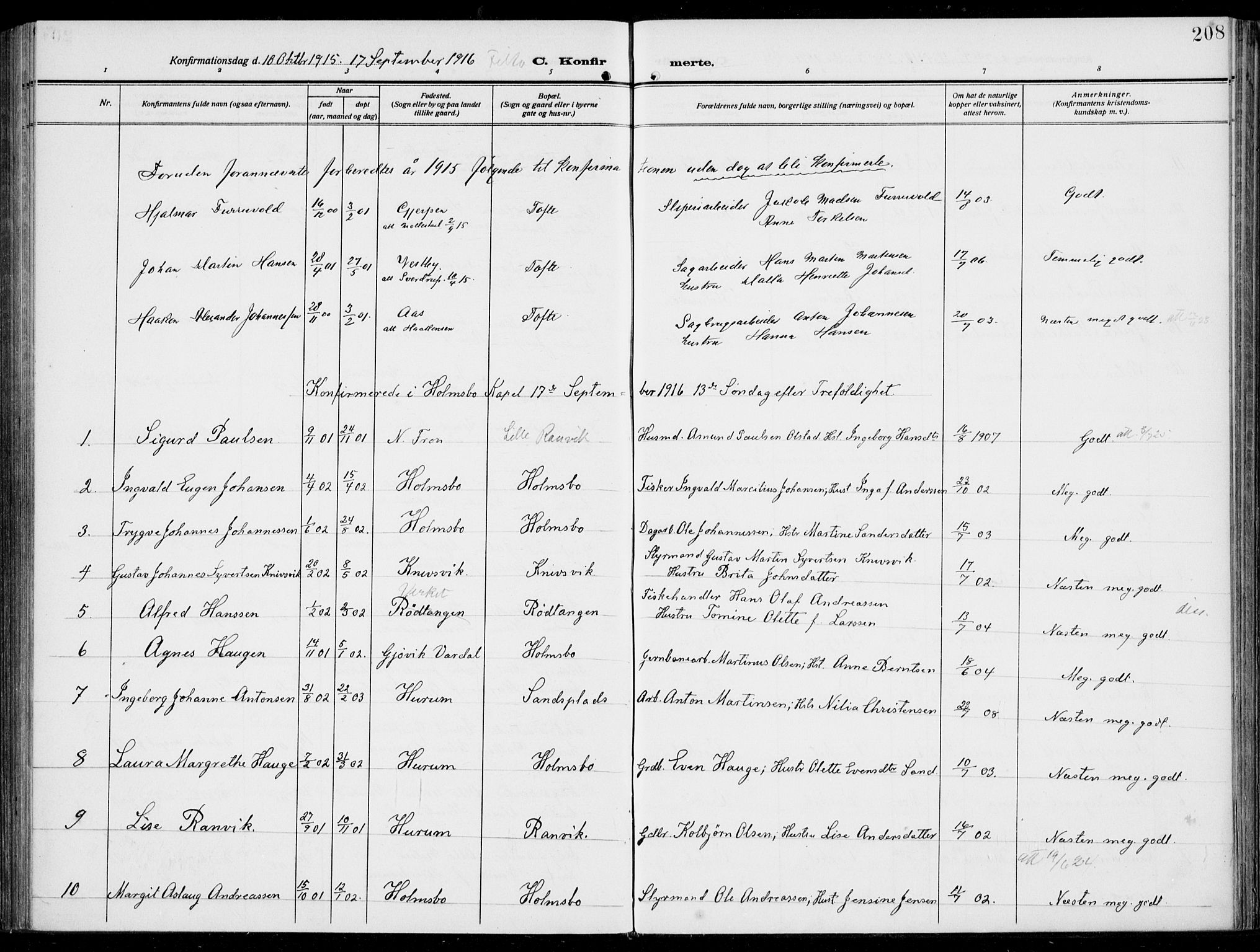 Hurum kirkebøker, AV/SAKO-A-229/F/Fa/L0016: Ministerialbok nr. 16, 1899-1918, s. 208