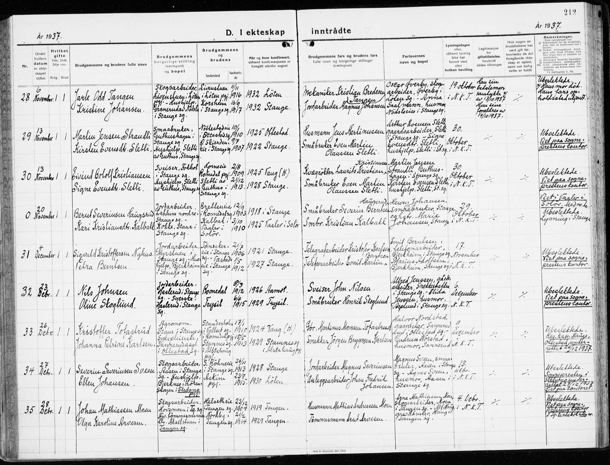 Stange prestekontor, AV/SAH-PREST-002/K/L0027: Ministerialbok nr. 27, 1937-1947, s. 212