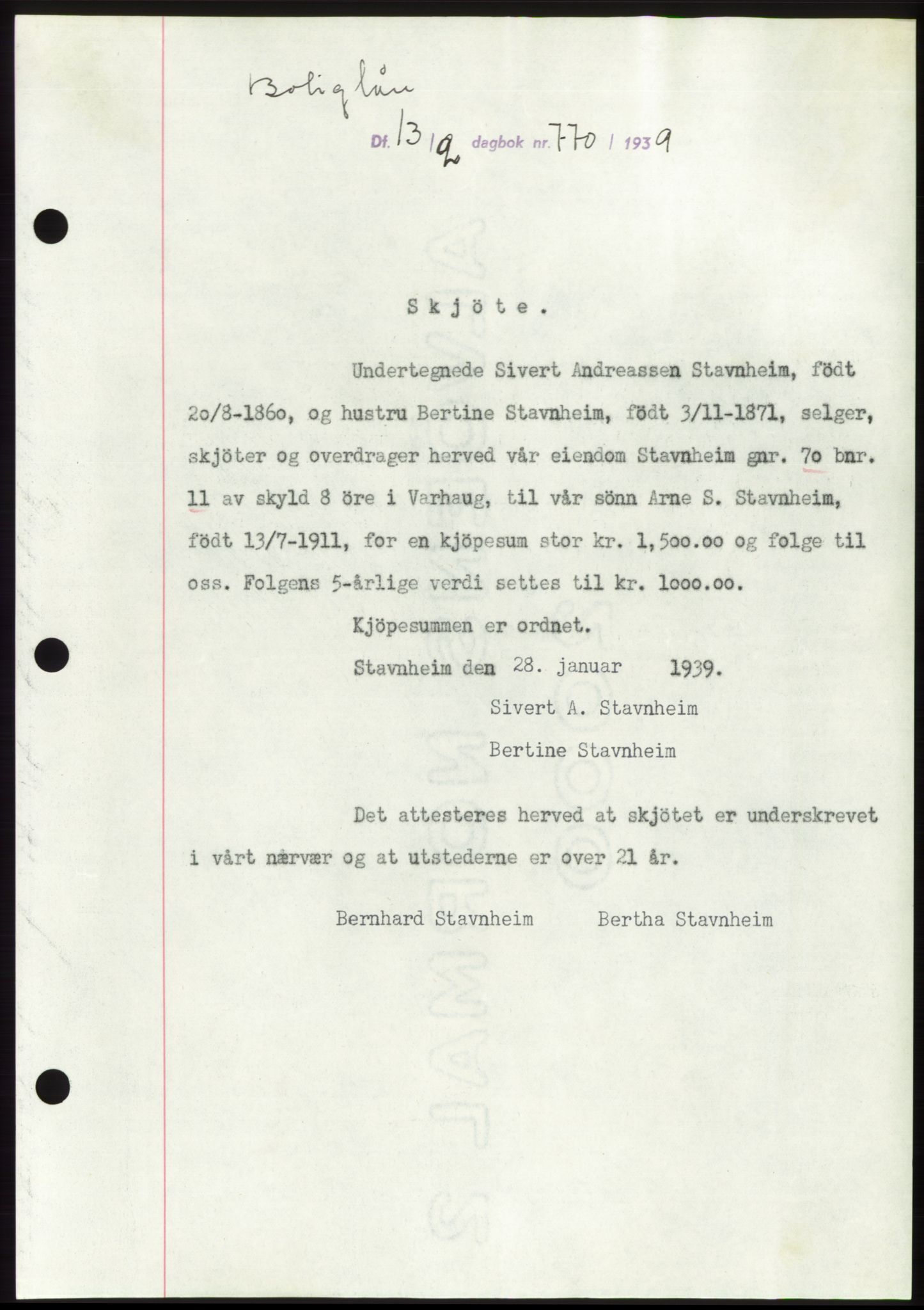 Jæren sorenskriveri, SAST/A-100310/03/G/Gba/L0073: Pantebok, 1939-1939, Dagboknr: 770/1939